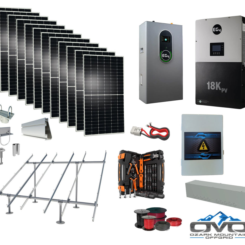 6KW Complete Offgrid Solar Kit + EG4 18kPV Inverter + 14.3KW 48V EG4 Lithium Indoor Wall Battery + 6.6KW Solar with Ground Mount and Wiring