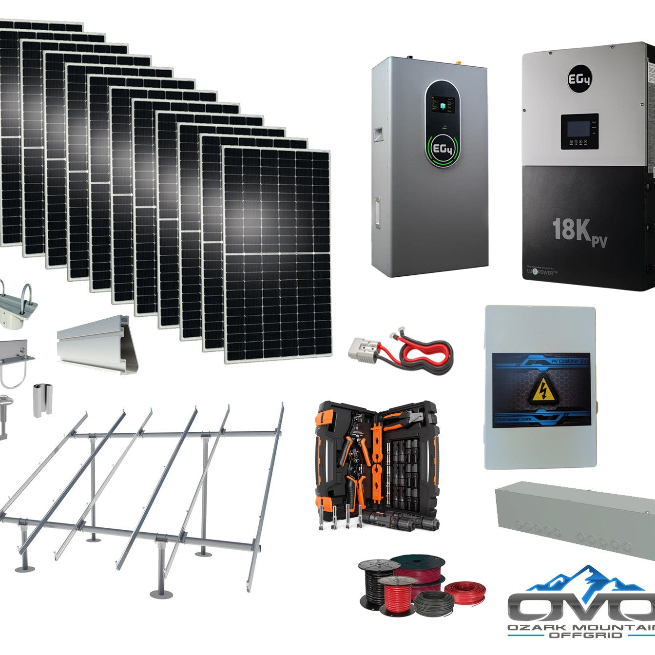 6KW Complete Offgrid Solar Kit + EG4 18kPV Inverter + 14.3KW 48V EG4 Lithium Indoor Wall Battery + 6.6KW Solar with Ground Mount and Wiring