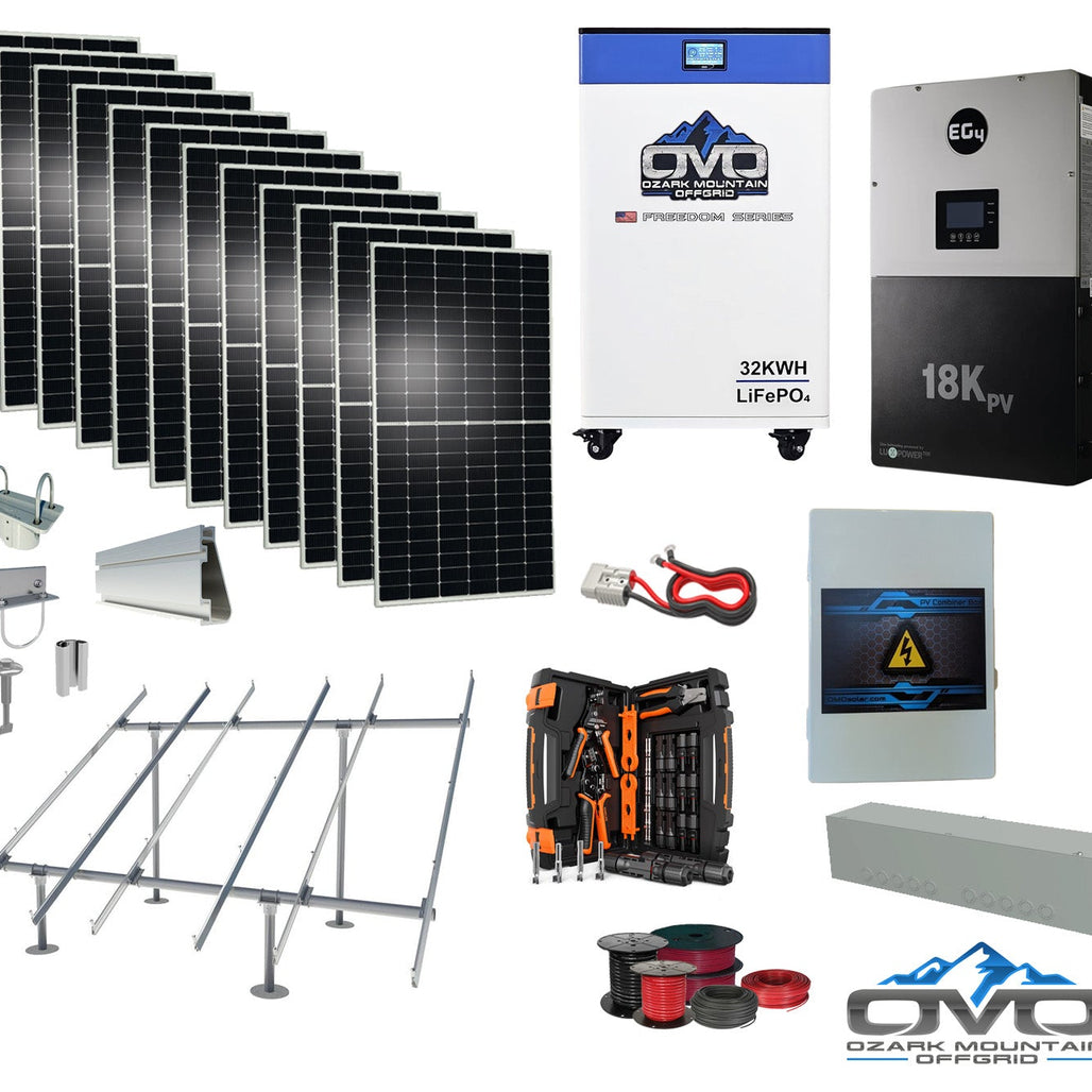 6KW Complete Offgrid Solar Kit + EG4 18kPV Inverter + 32KW OMO 48V Freedom Series Lithium Battery + 6.6KW Solar with Ground Mount and Wiring