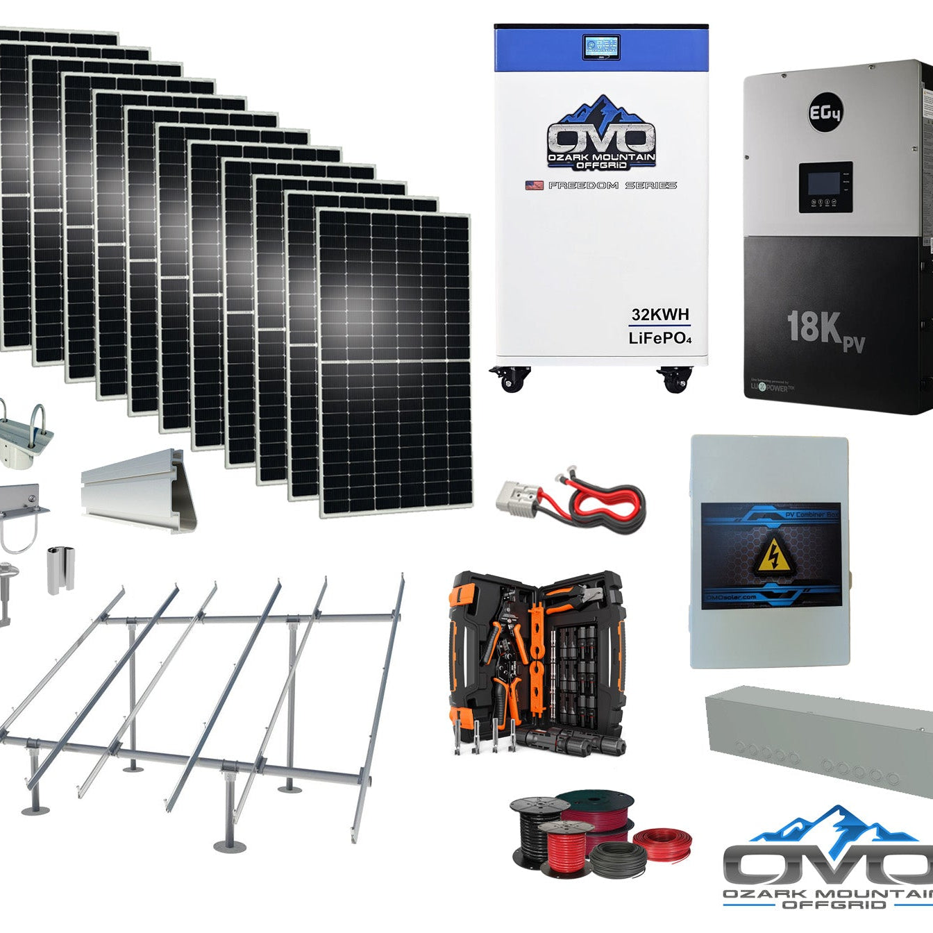 6KW Complete Offgrid Solar Kit + EG4 18kPV Inverter + 32KW OMO 48V Freedom Series Lithium Battery + 6.6KW Solar with Ground Mount and Wiring