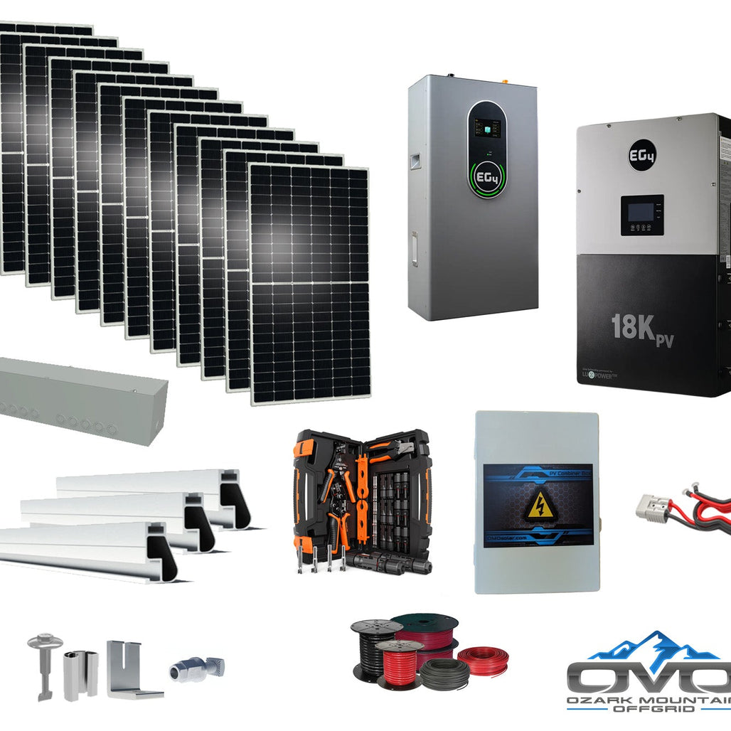 6KW Complete Offgrid Solar Kit + EG4 18kPV Inverter + 14.3KW 48V EG4 Lithium Indoor Wall Battery + 6.6KW Solar with Roof Mounting Rails and Wiring