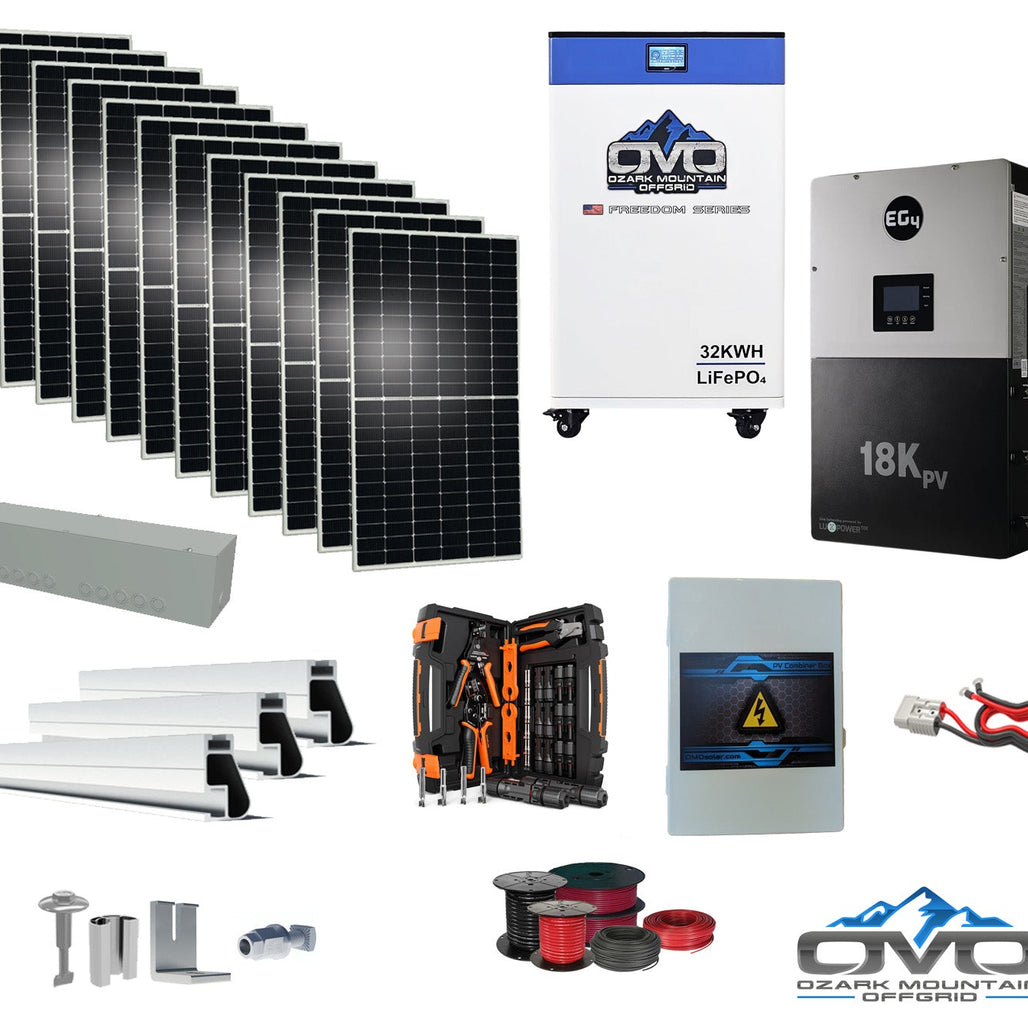 6KW Complete Offgrid Solar Kit + EG4 18kPV Inverter + 32KW OMO 48V Freedom Series Lithium Battery + 6.6KW Solar with Roof Mounting Rails and Wiring