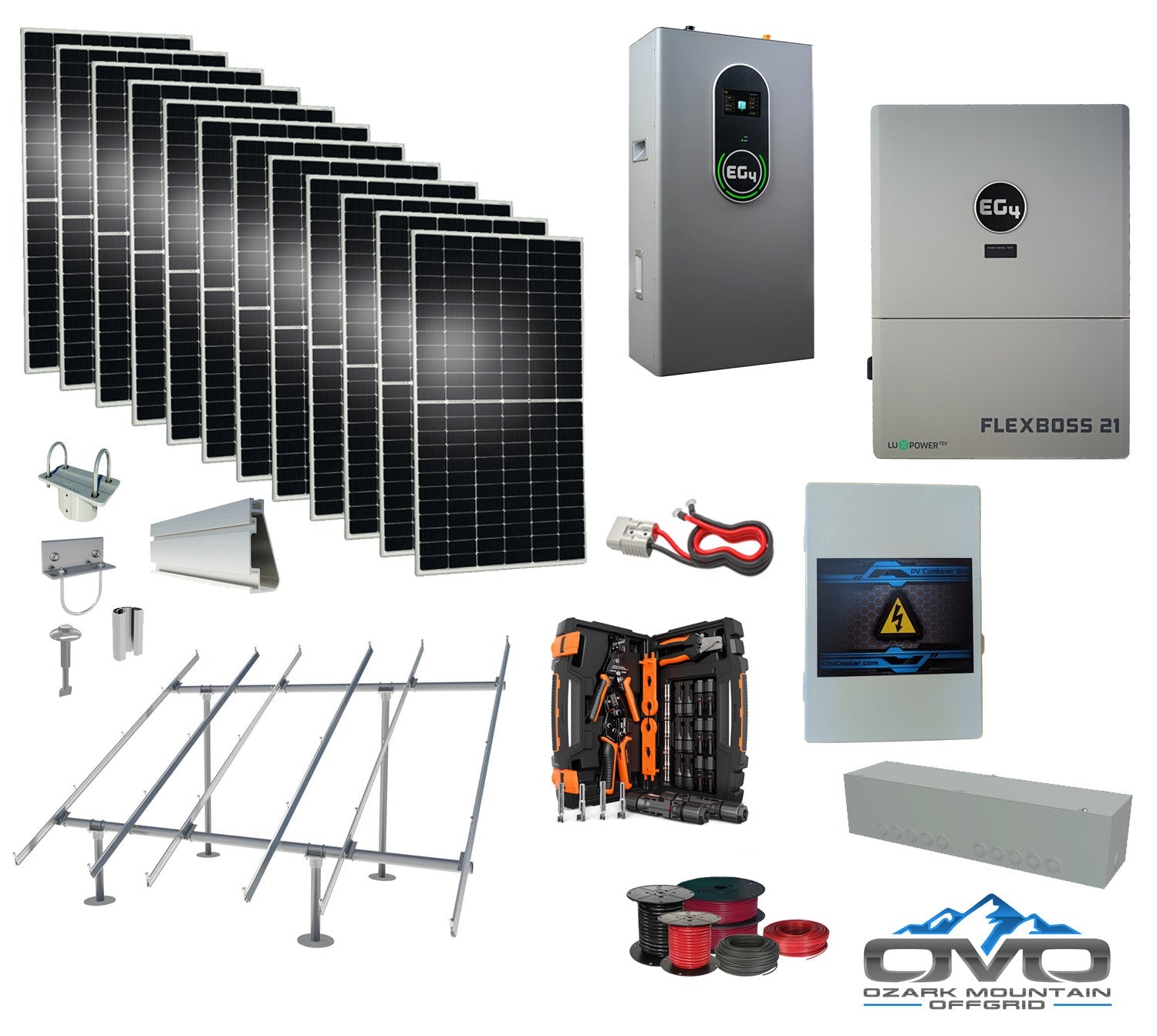 6KW Complete Offgrid Solar Kit + EG4 FlexBOSS21 Inverter + 14.3KW 48V EG4 Lithium Indoor Wall Battery + 6.6KW Solar with Ground Mount and Wiring