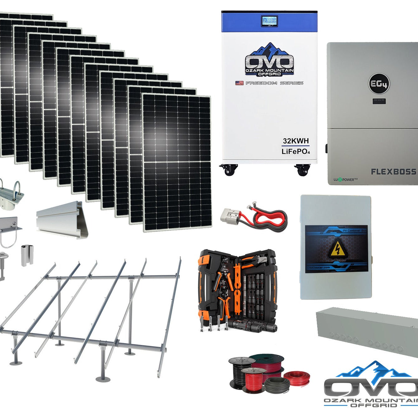 6KW Complete Offgrid Solar Kit + EG4 FlexBOSS21 Inverter + 32KW OMO 48V Freedom Series Lithium Battery + 6.6KW Solar with Ground Mount and Wiring