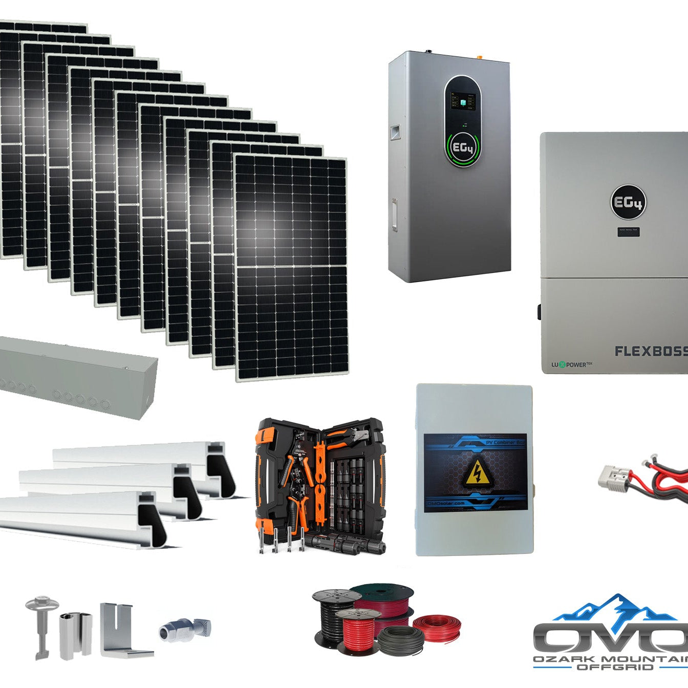 6KW Complete Offgrid Solar Kit + EG4 FlexBOSS21 + 14.3KW 48V EG4 Lithium Indoor Wall Battery + 6.6KW Solar with Roof Mounting Rails and Wiring