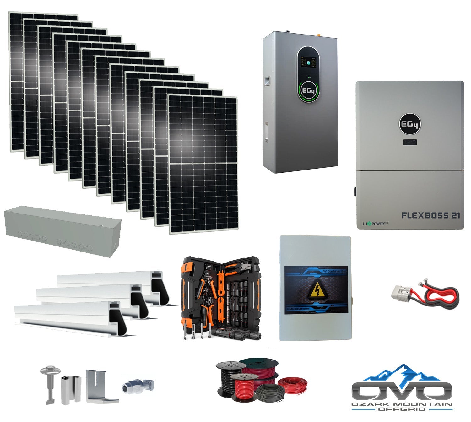 6KW Complete Offgrid Solar Kit + EG4 FlexBOSS21 + 14.3KW 48V EG4 Lithium Indoor Wall Battery + 6.6KW Solar with Roof Mounting Rails and Wiring