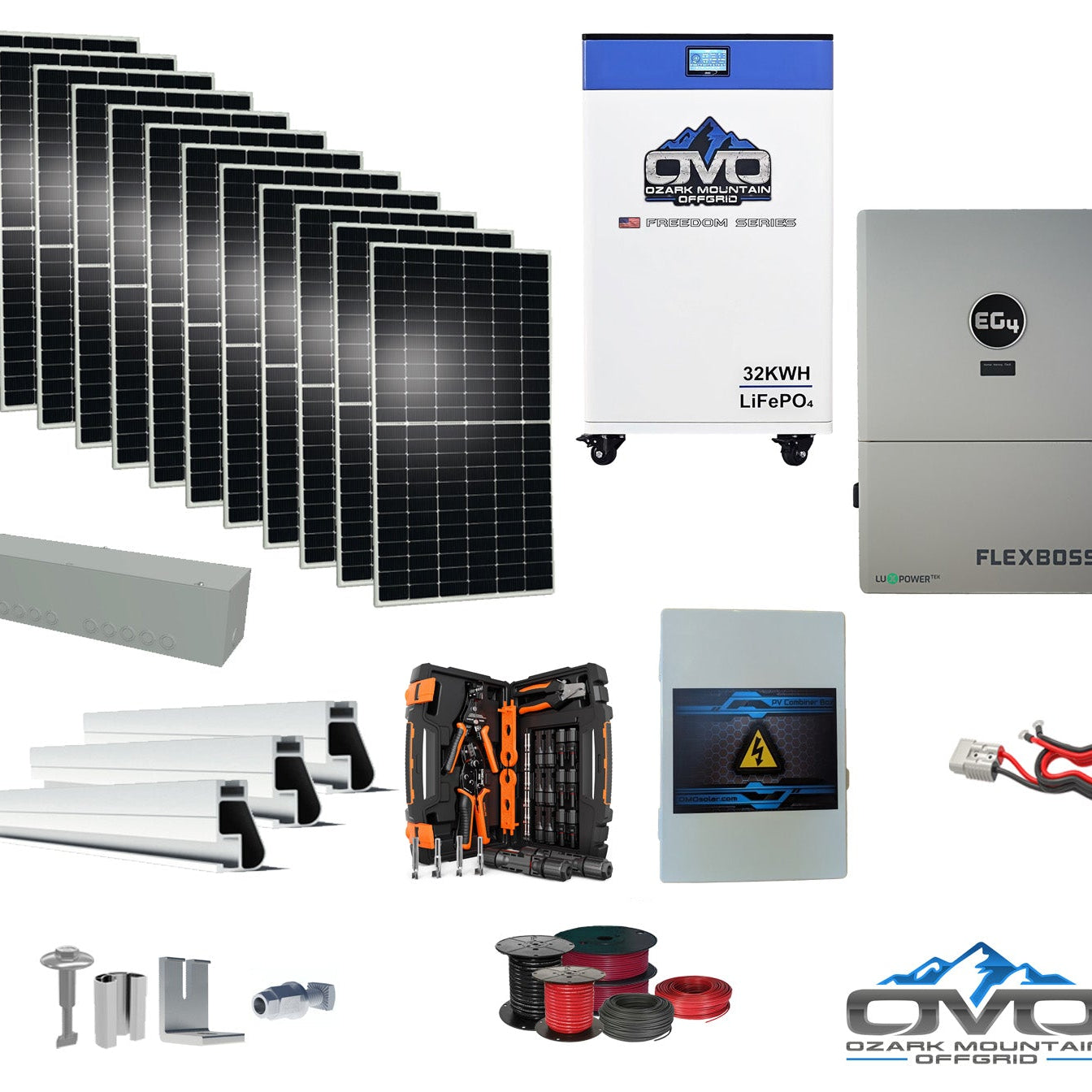6KW Complete Offgrid Solar Kit + EG4 FlexBOSS21 + 32KW OMO 48V Freedom Series Lithium Battery + 6.6KW Solar with Roof Mounting Rails and Wiring