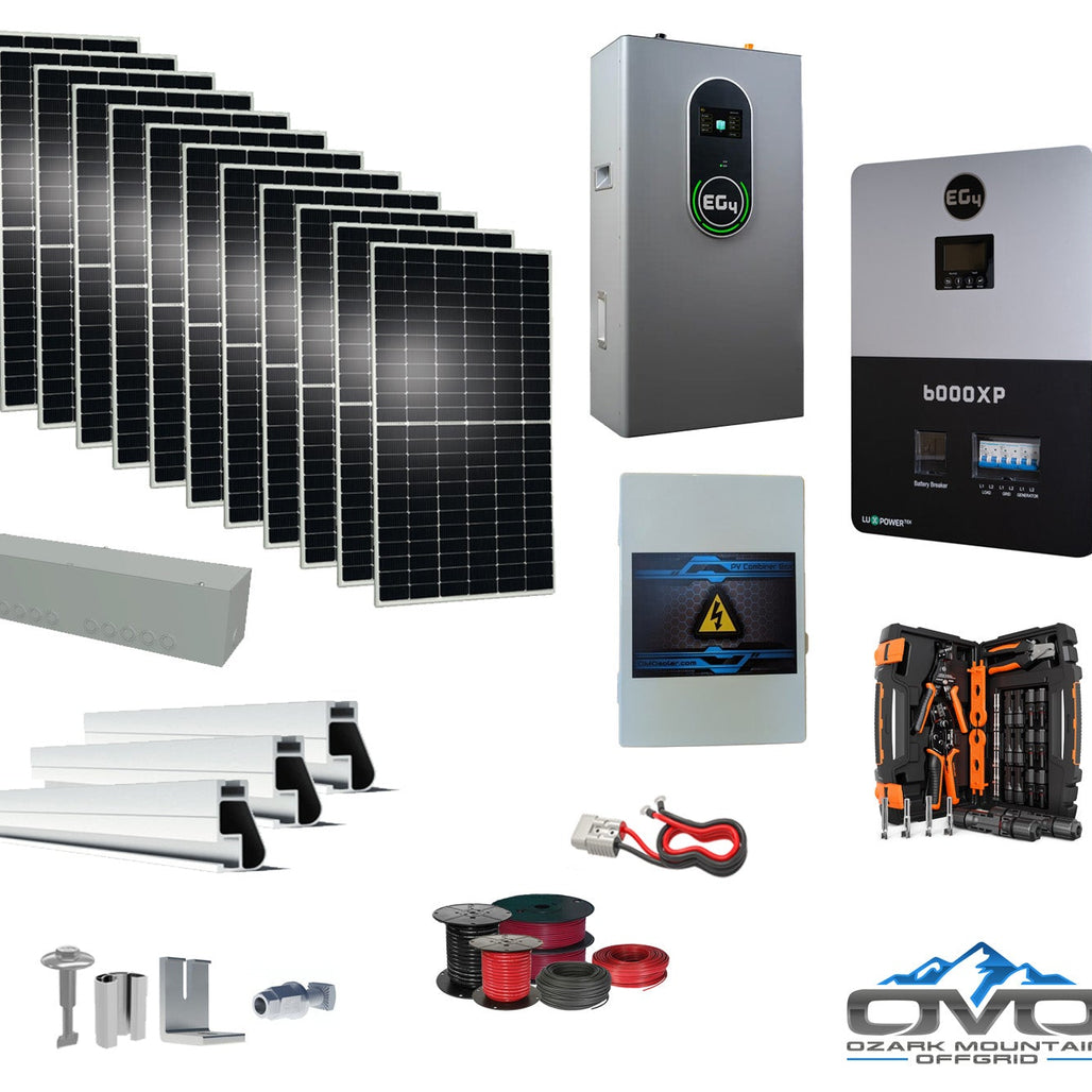 6KW Complete Offgrid Solar Kit + 6K EG4 6000XP Inverter + 14.3KW 48V EG4 Lithium Indoor Wall Battery + 6.6KW Solar with Roof Mounting Rails and Wiring