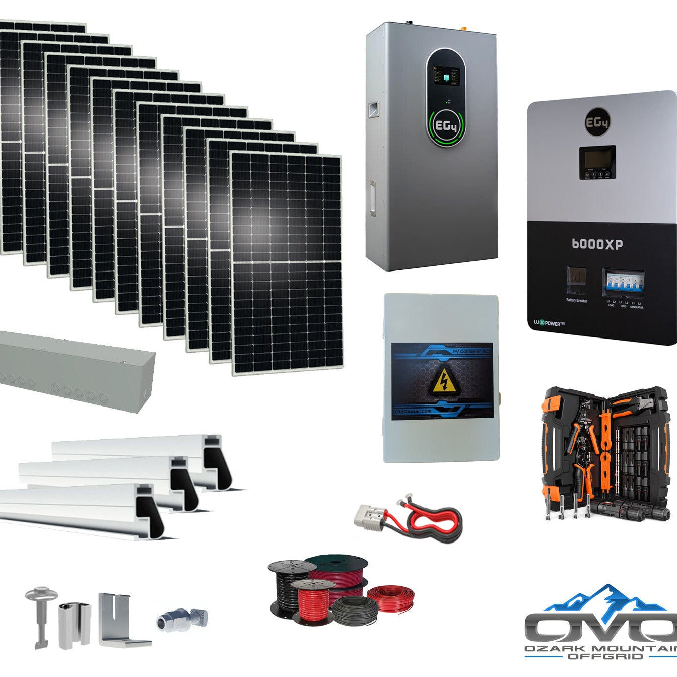 6KW Complete Offgrid Solar Kit + 6K EG4 6000XP Inverter + 14.3KW 48V EG4 Lithium Indoor Wall Battery + 6.6KW Solar with Roof Mounting Rails and Wiring