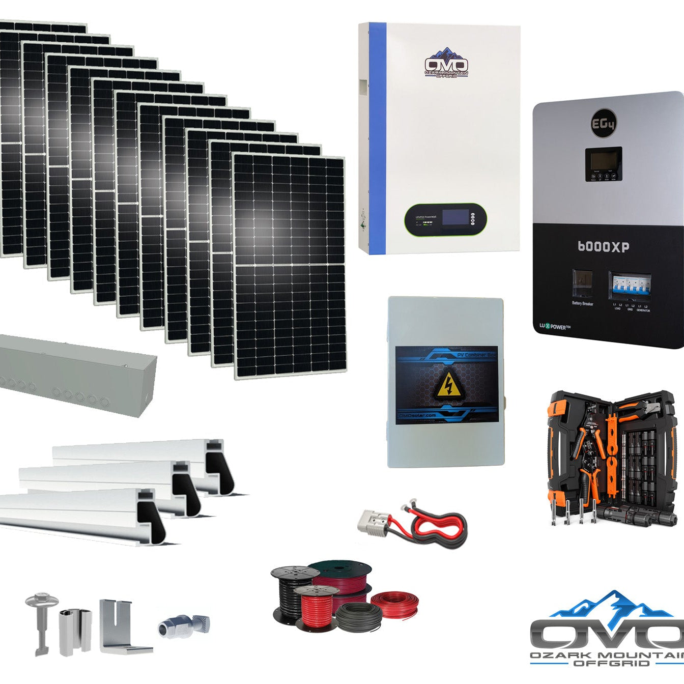 6KW Complete Offgrid Solar Kit + 6K EG4 6000XP Inverter + 5.12KW OMO 48V Patriot Lithium Battery + 6.6KW Solar with Roof Mounting Rails and Wiring