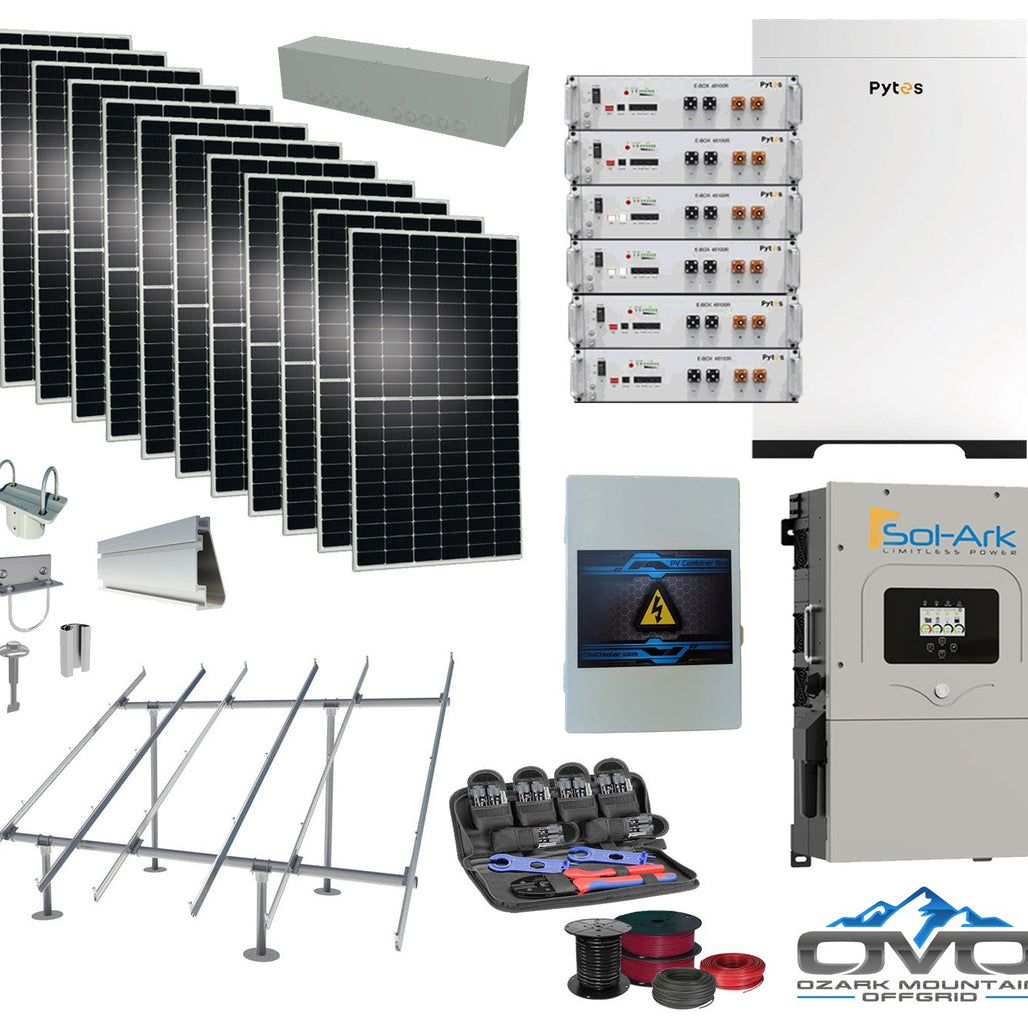 6KW Complete Offgrid Solar Kit - 30.72kWh Pytes Lithium Battery + 15K Sol-Ark Inverter +6.6KW Solar with Ground Mount Rails and Wiring
