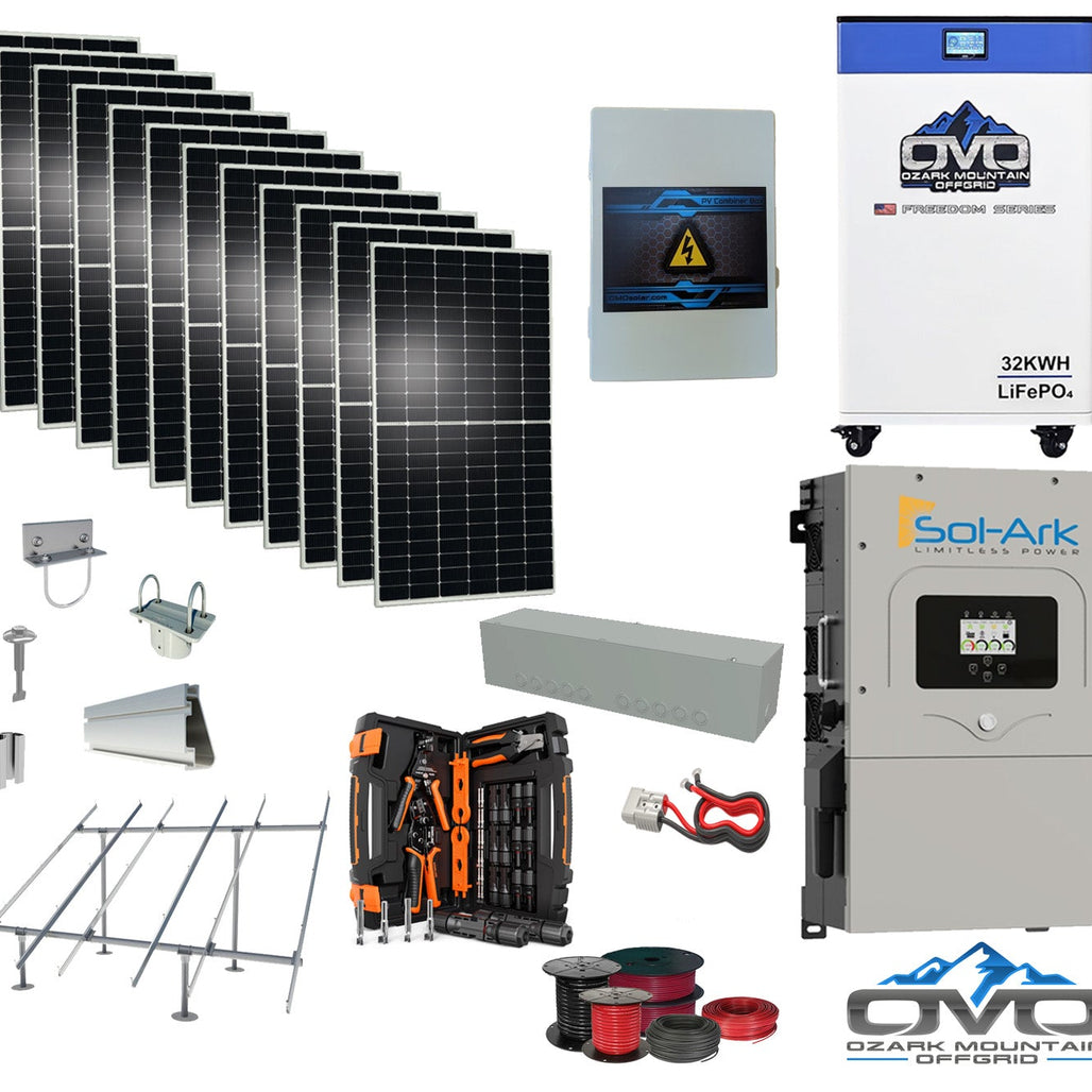6KW Complete Offgrid Solar Kit - 32kWh OMO 48V Freedom Series Lithium Battery  + 15K Sol-Ark Inverter +6.6KW Solar with Ground Mount Rails and Wiring