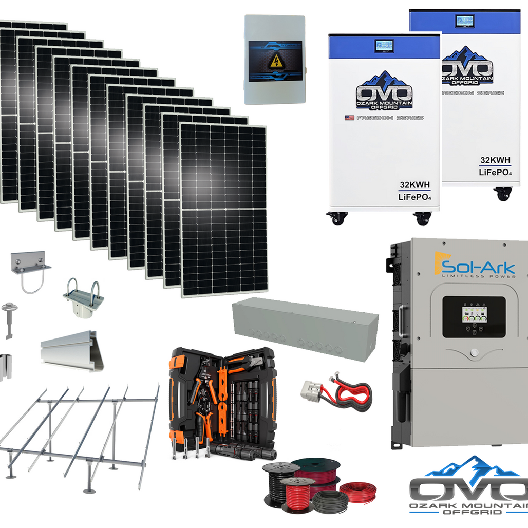 6KW Complete Offgrid Solar Kit - 2x 32kWh OMO 48V Freedom Series Lithium Battery  + 15K Sol-Ark Inverter +6.6KW Solar with Ground Mount and Wiring