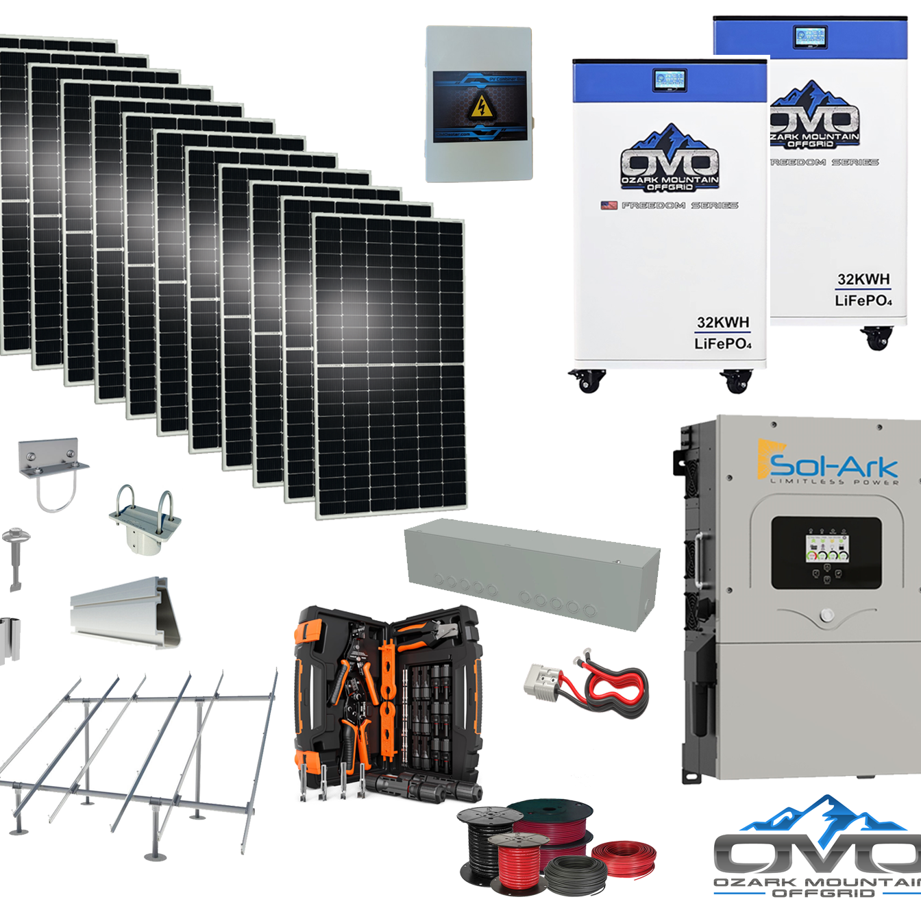 6KW Complete Offgrid Solar Kit - 2x 32kWh OMO 48V Freedom Series Lithium Battery  + 15K Sol-Ark Inverter +6.6KW Solar with Ground Mount and Wiring