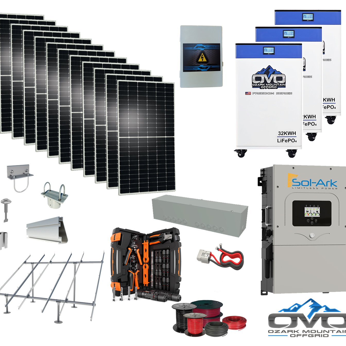 6KW Complete Offgrid Solar Kit - 3x 32kWh OMO 48V Freedom Series Lithium Battery  + 15K Sol-Ark Inverter +6.6KW Solar with Ground Mount and Wiring