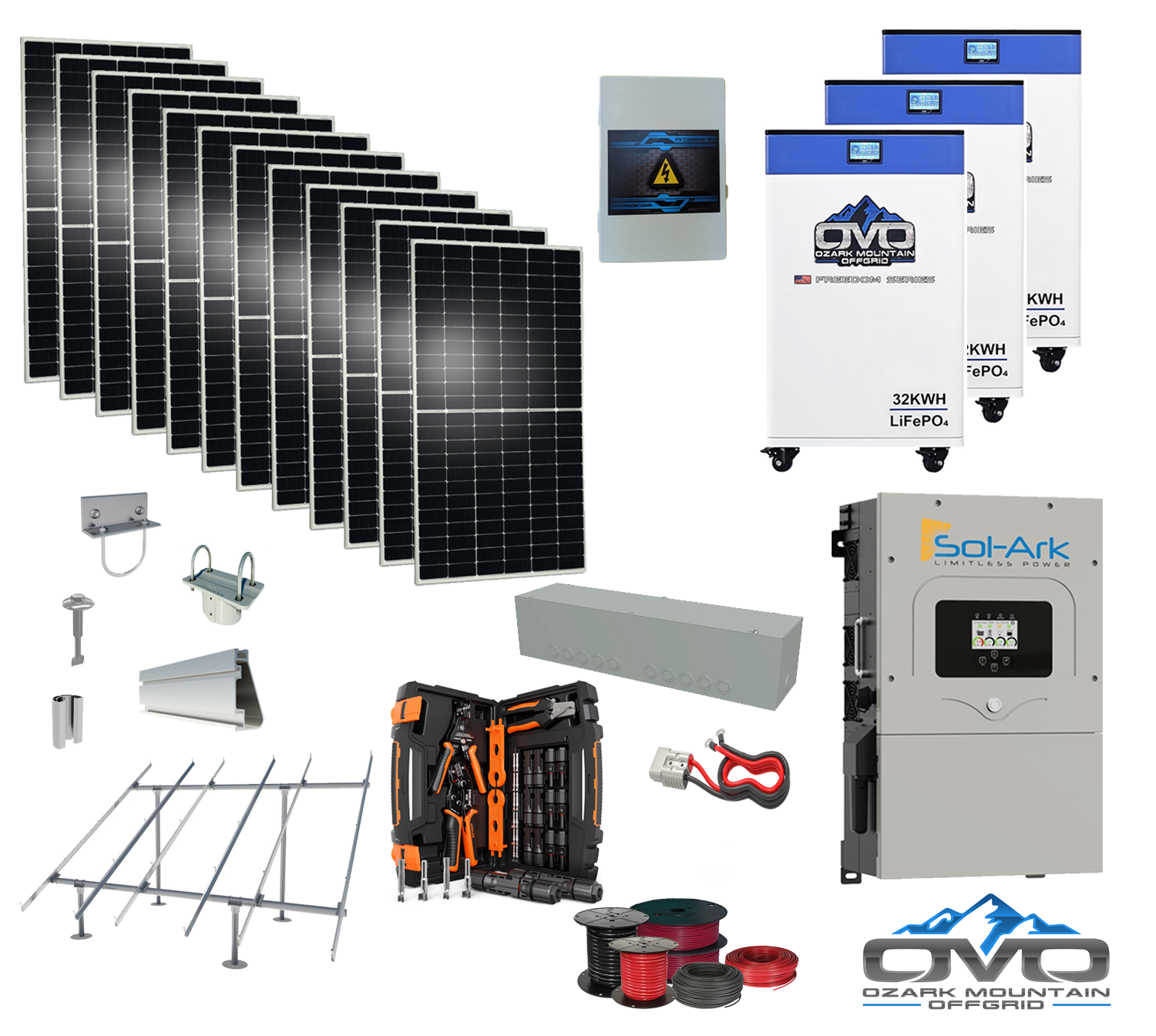 6KW Complete Offgrid Solar Kit - 3x 32kWh OMO 48V Freedom Series Lithium Battery  + 15K Sol-Ark Inverter +6.6KW Solar with Ground Mount and Wiring
