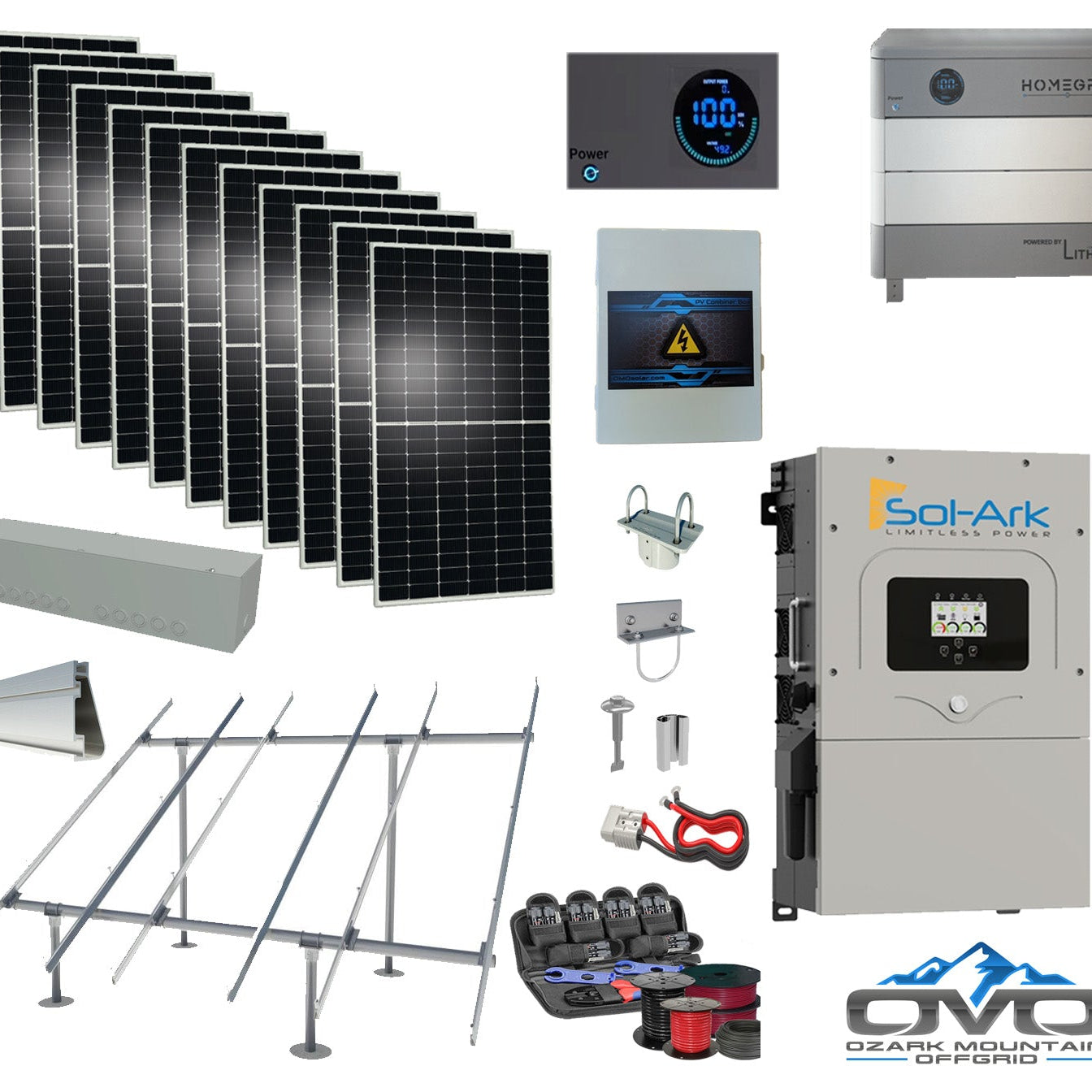 6KW Complete Offgrid Solar Kit - 9.6kWh Lithium Battery + 15K Sol-Ark Inverter +6.6KW Solar with Ground Mount and Wiring