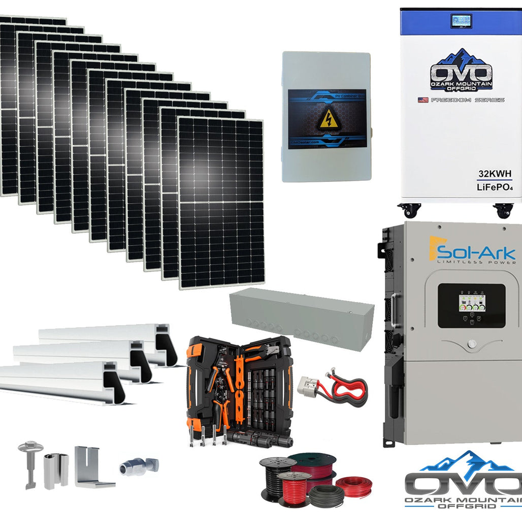6KW Complete Offgrid Solar Kit - 32kWh OMO 48V Freedom Series Lithium Battery + 15K Sol-Ark Inverter +6.6KW Solar with Mounting Rails and Wiring