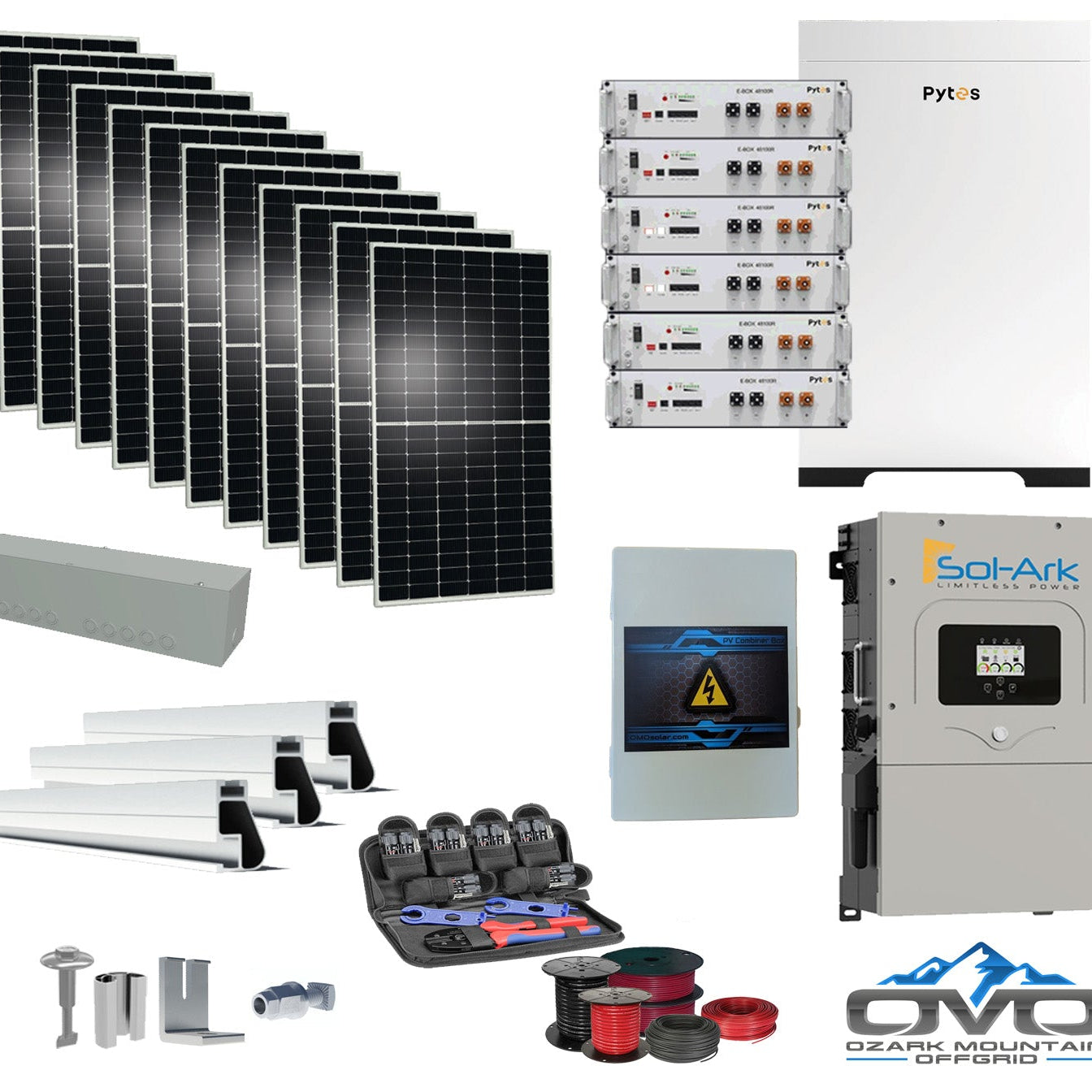 6KW Complete Offgrid Solar Kit - 30.72kWh Pytes Lithium Battery + 15K Sol-Ark Inverter +6.6KW Solar with Mounting Rails and Wiring