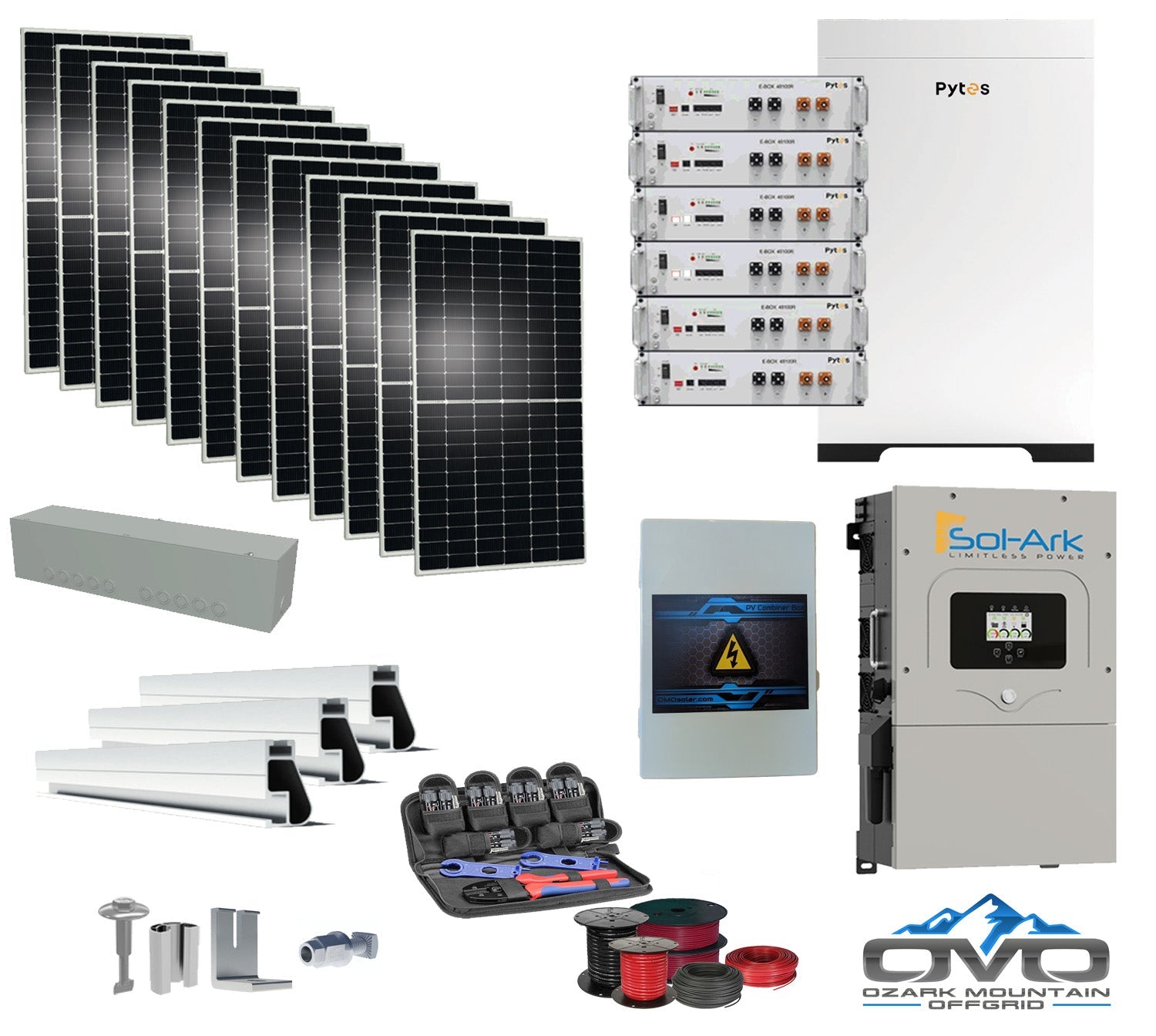 6KW Complete Offgrid Solar Kit - 30.72kWh Pytes Lithium Battery + 15K Sol-Ark Inverter +6.6KW Solar with Mounting Rails and Wiring