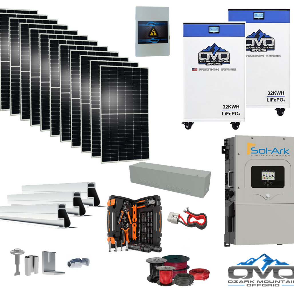 6KW Complete Offgrid Solar Kit - 2x 32kWh OMO 48V Freedom Series Lithium Battery + 15K Sol-Ark Inverter +6.6KW Solar with Roof Mount and Wiring