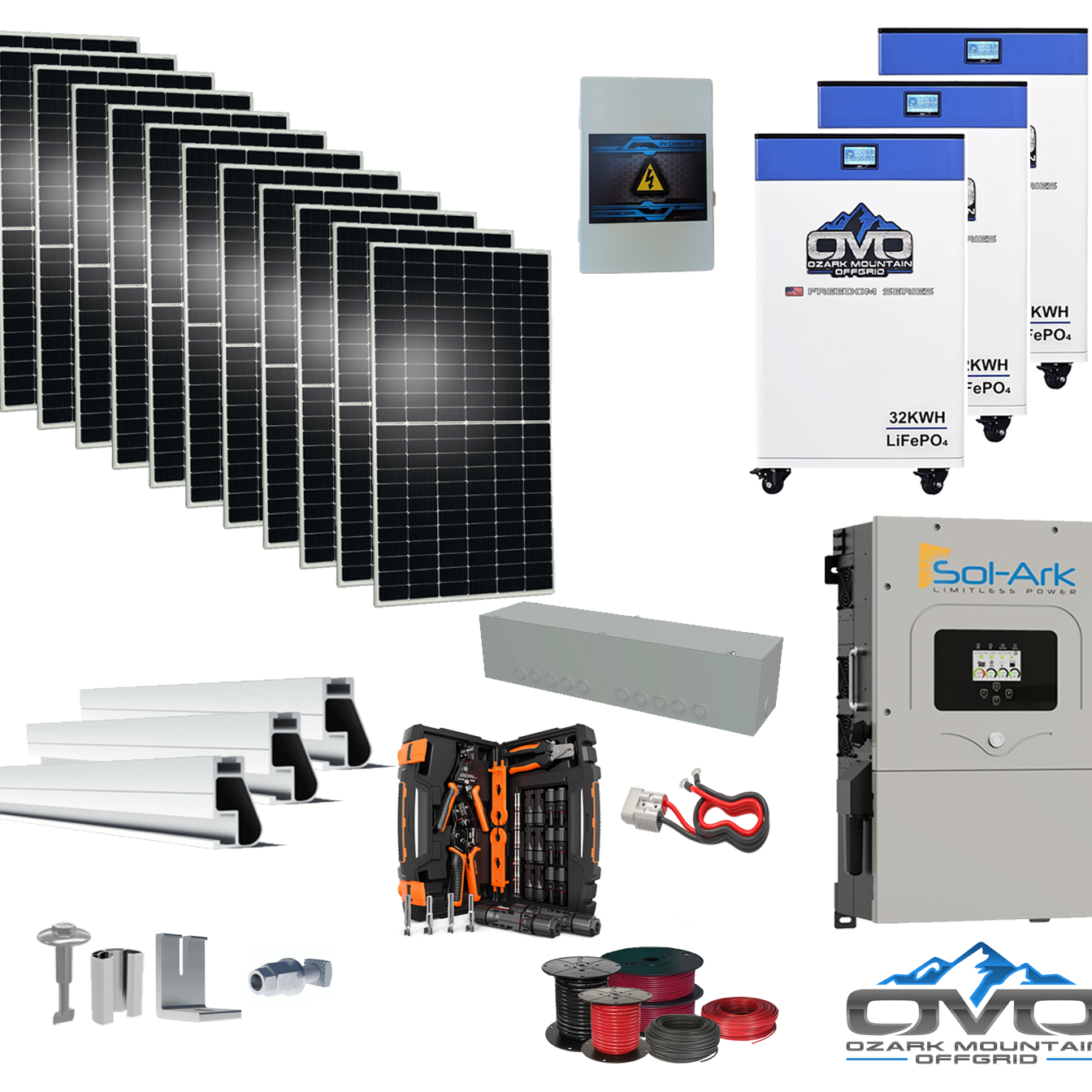 6KW Complete Offgrid Solar Kit - 3x 32kWh OMO 48V Freedom Series Lithium Battery + 15K Sol-Ark Inverter +6.6KW Solar with Roof Mount and Wiring