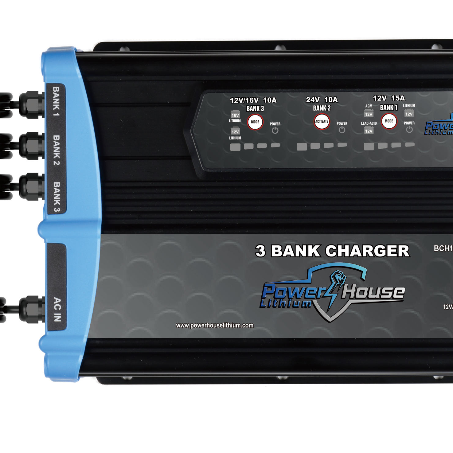 PowerHouse Lithium 12V-(12V/16V)-24V 3-Bank Waterproof Battery Charger