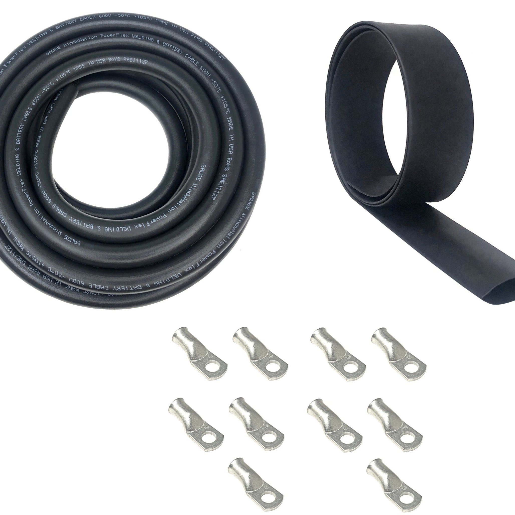 4/0 Gauge Welding Battery Cable Kit - Includes 10 pieces of 3/8" Tinned Copper Cable Lugs and 3 Feet Black Heat Shrink Tubing