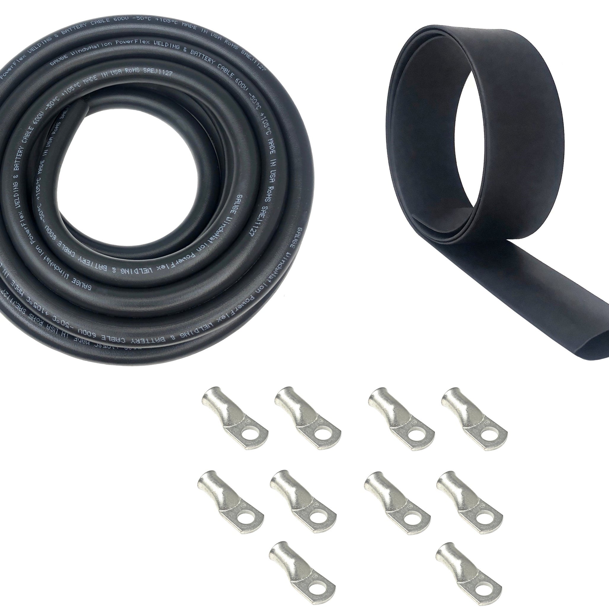 6 Gauge Welding Battery Cable Kit - Includes 10 pieces of 3/8" Tinned Copper Cable Lugs and 3 Feet Black Heat Shrink Tubing