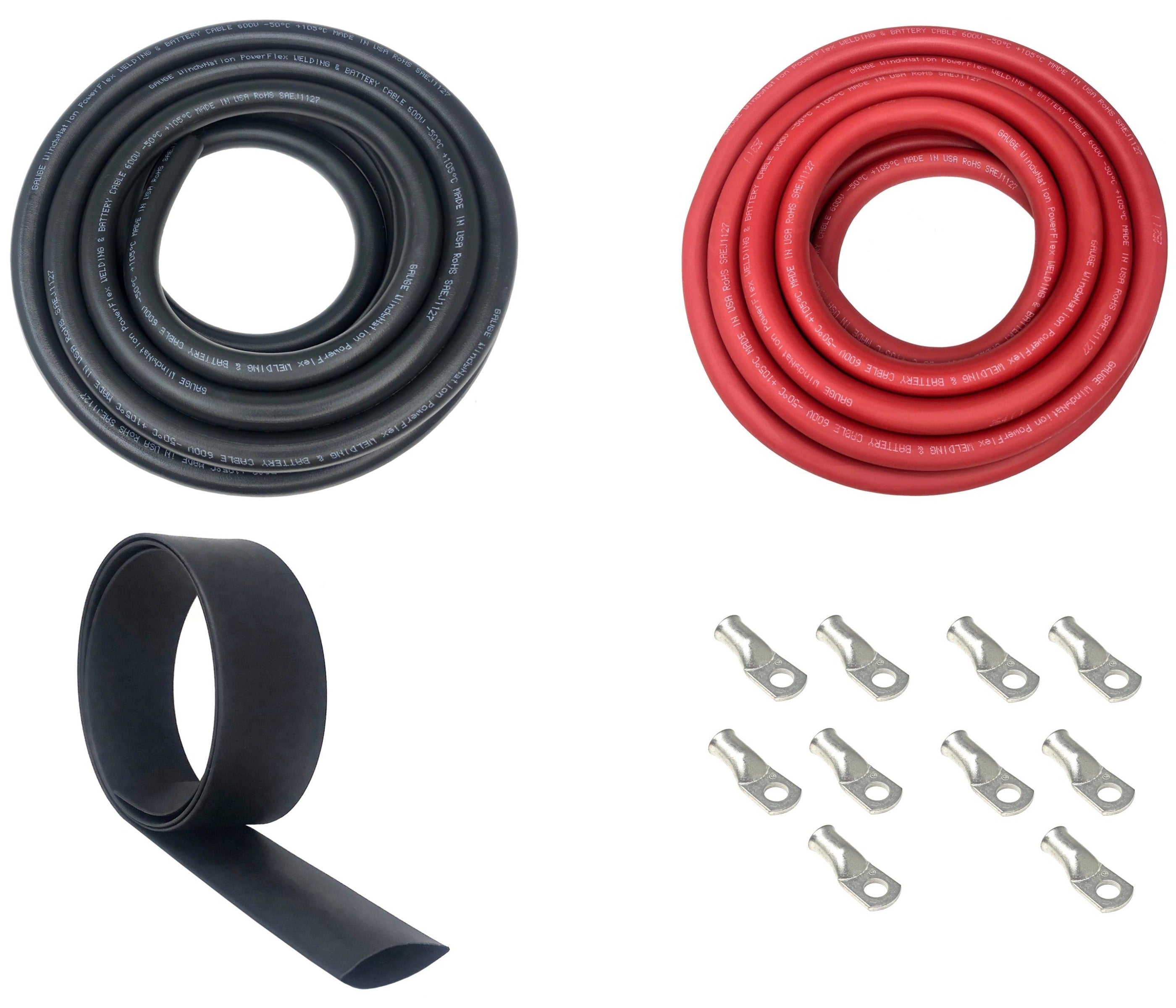 6 Gauge Welding Battery Cable Kit - Includes 10 pieces of 3/8" Tinned Copper Cable Lugs and 3 Feet Black Heat Shrink Tubing