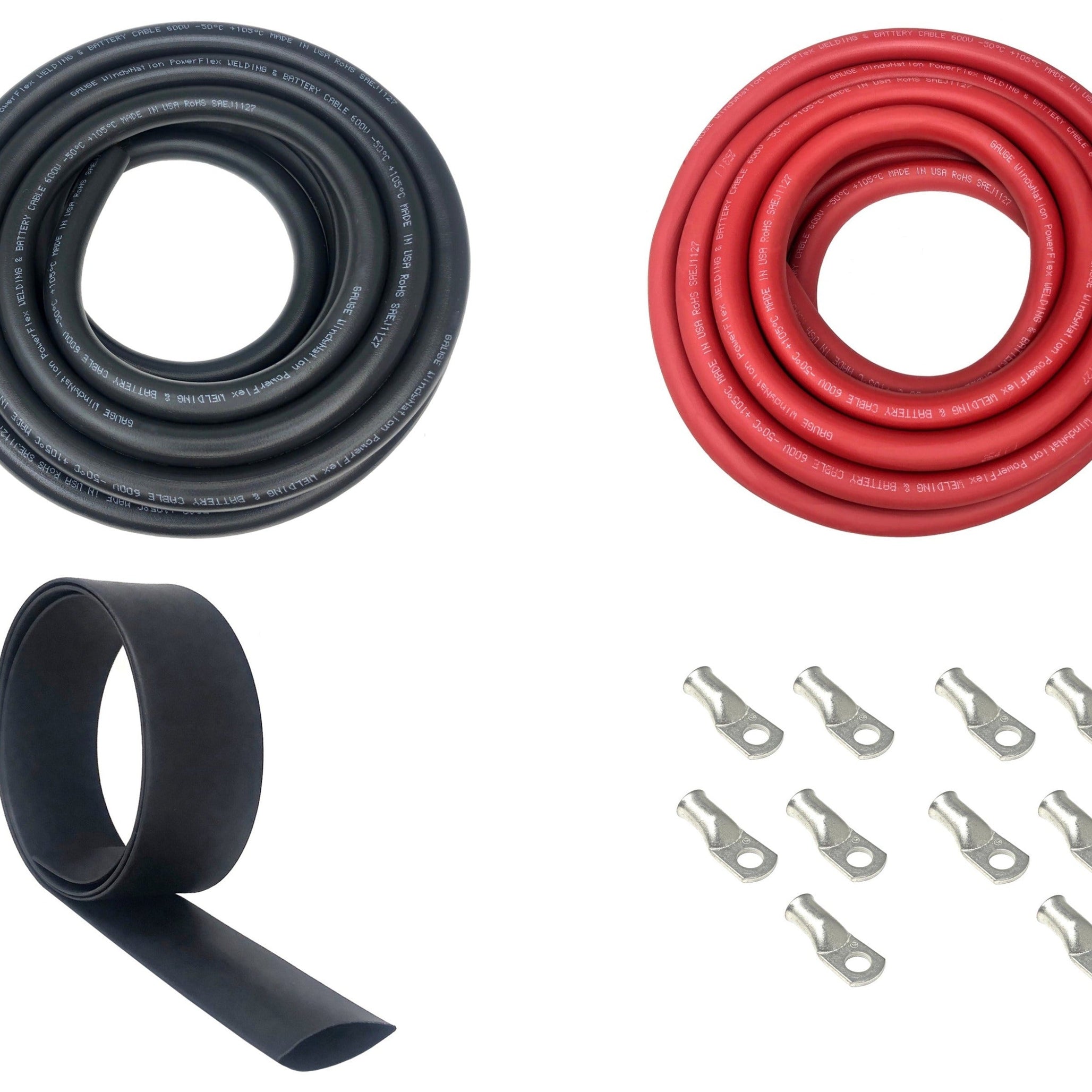 4 Gauge Welding Battery Cable Kit - Includes 5 pieces of 3/8 + 5 pieces of 5/16" Tinned Copper Cable Lugs and 3 Feet Black Heat Shrink Tubing