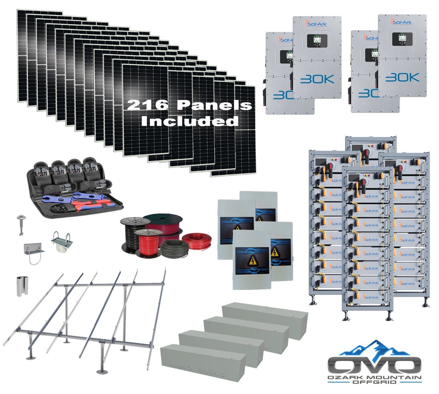 Commercial 120KW Solar Array - 3 Phase 208V Solar Kit + 4x 30K 208V Sol-Ark Inverter + 4x 40KW Sol-Ark INDOOR Lithium Battery +118.8KW Solar with Ground Mount and Wiring
