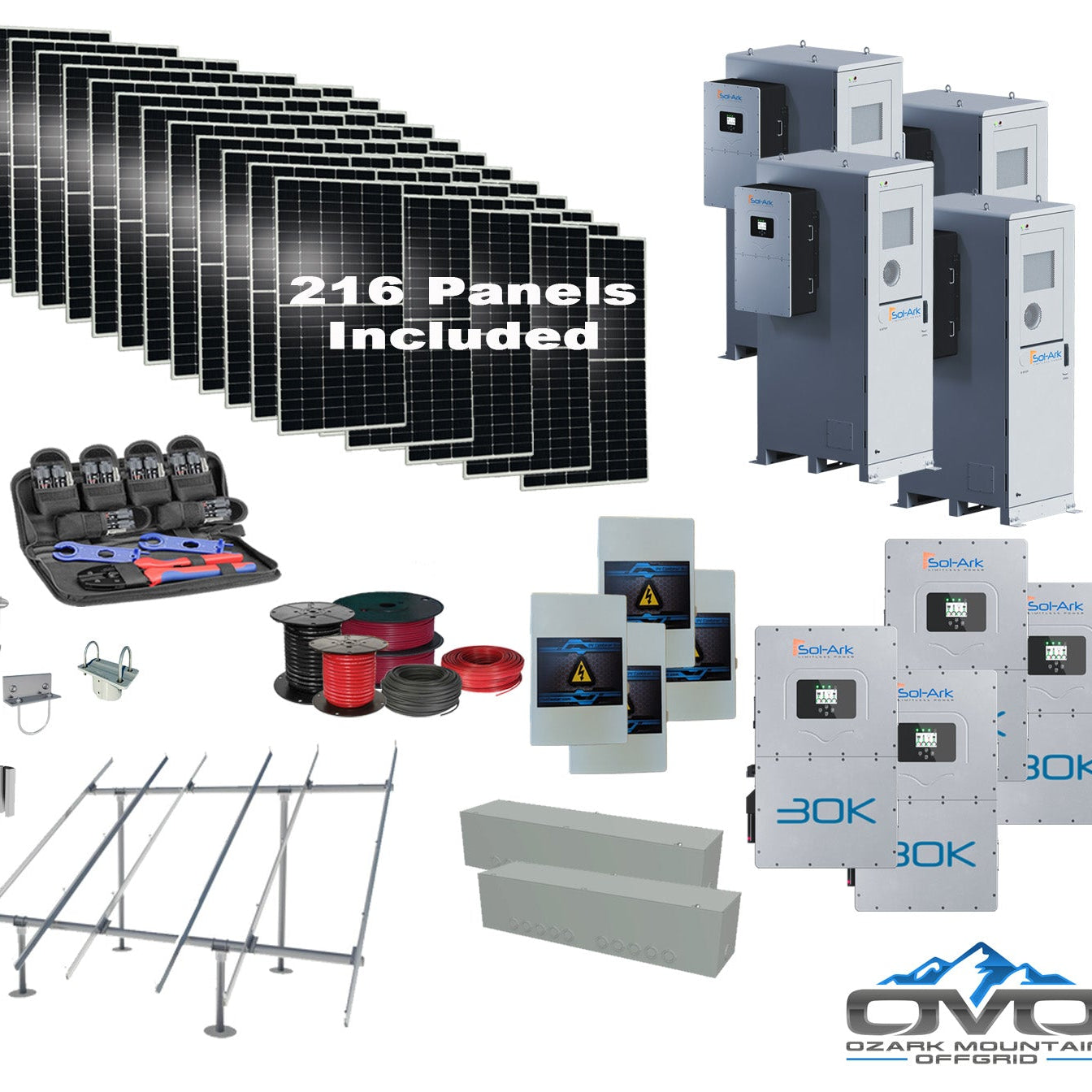 Commercial 120KW Solar Array - 3 Phase 208V Solar Kit + 4x 30K 208V Sol-Ark Inverter + 4x 60KW Sol-Ark OUTDOOR Lithium Battery +118.8KW Solar with Ground Mount and Wiring