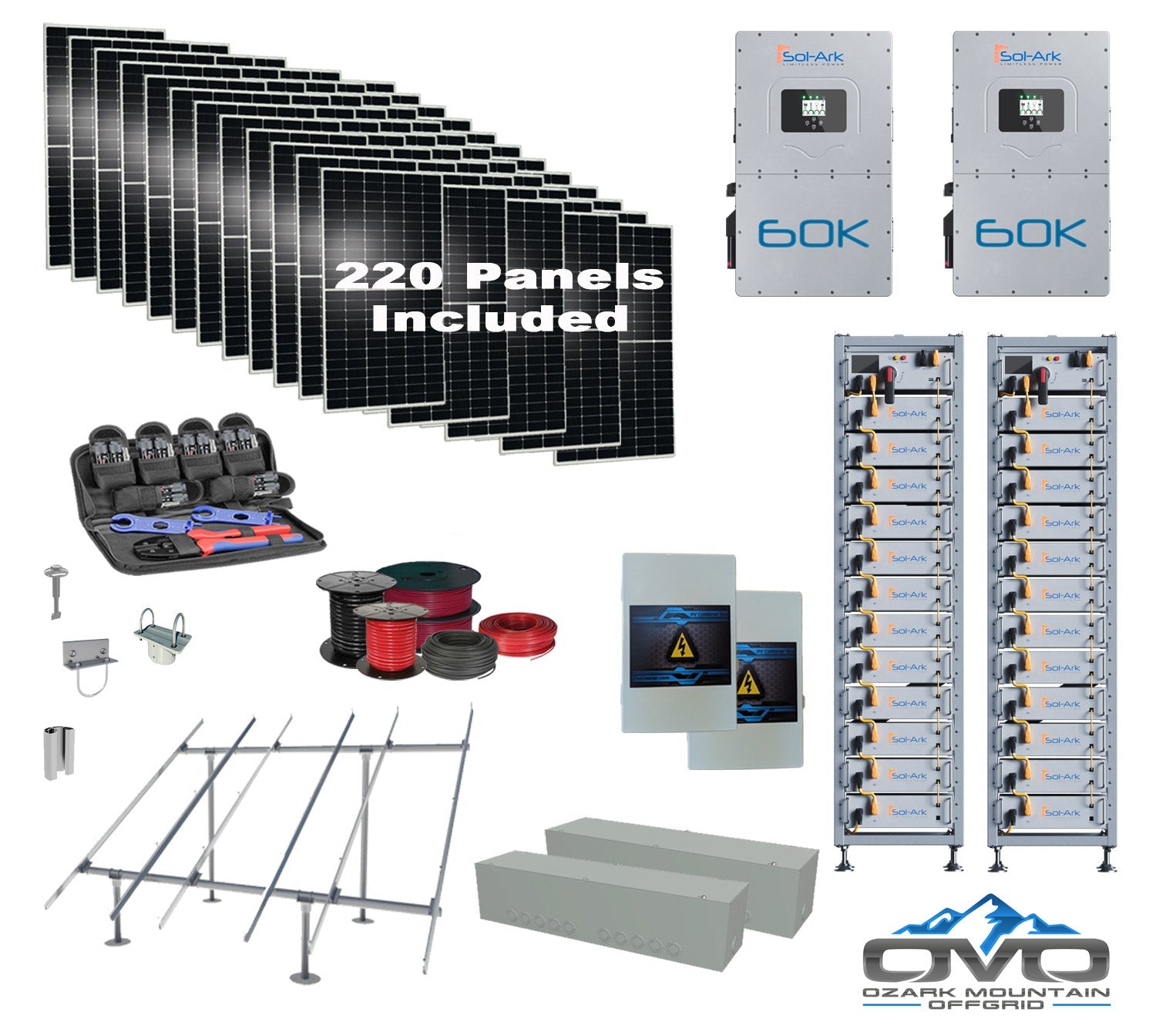Commercial 120KW Solar Array - 3 Phase 480V Solar Kit + 2x 60K 480V Sol-Ark Inverter + 2x60KW Sol-Ark INDOOR Lithium Battery +121KW Solar with Ground Mount and Wiring