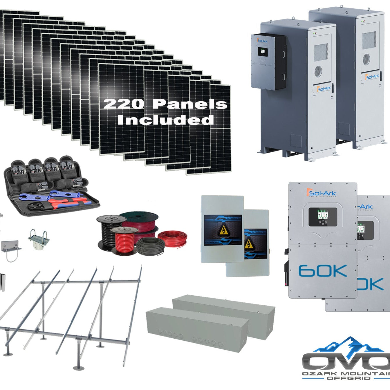 Commercial 120KW Solar Array - 3 Phase 480V Solar Kit + 2x 60K 480V Sol-Ark Inverter + 2x 60KW Sol-Ark OUTDOOR Lithium Battery +121KW Solar with Ground Mount and Wiring