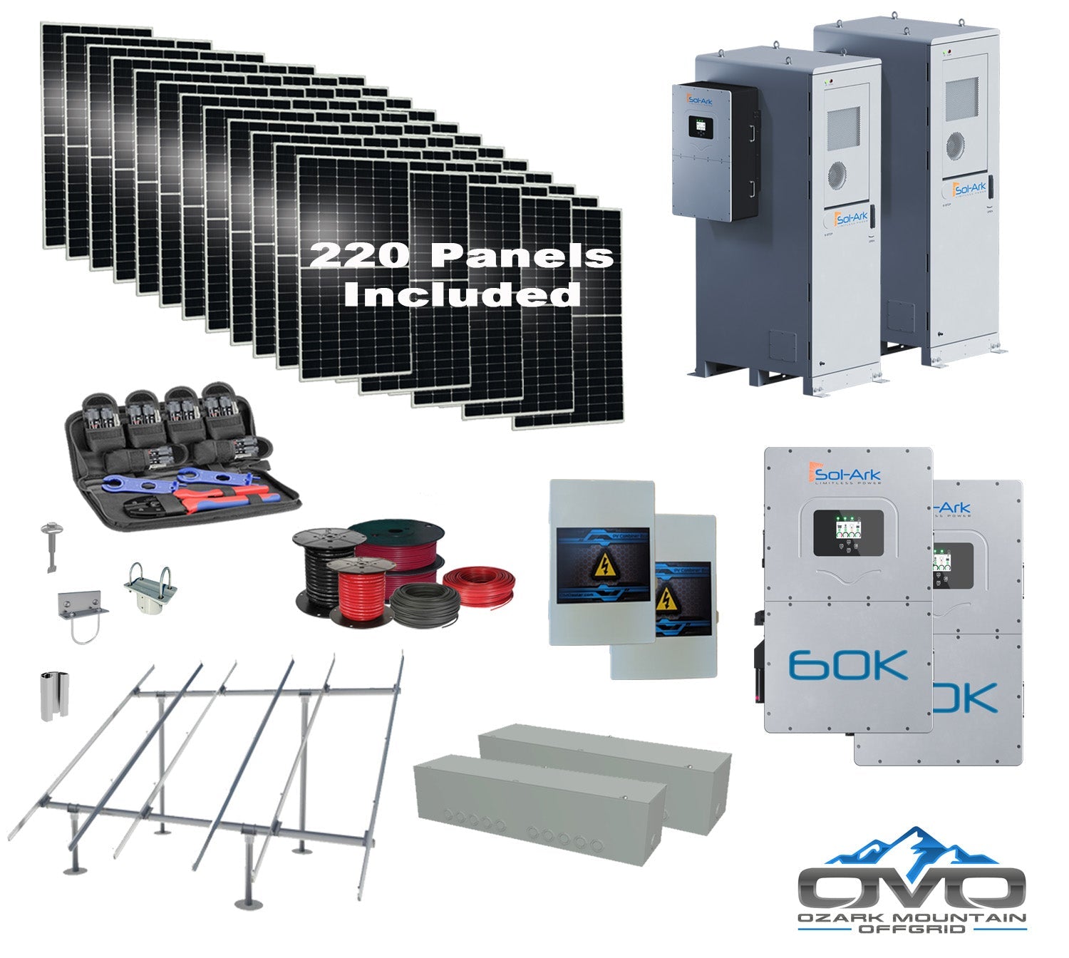 Commercial 120KW Solar Array - 3 Phase 480V Solar Kit + 2x 60K 480V Sol-Ark Inverter + 2x 60KW Sol-Ark OUTDOOR Lithium Battery +121KW Solar with Ground Mount and Wiring