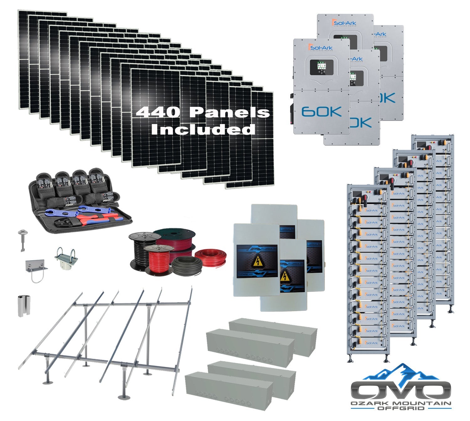 Commercial 240KW Solar Array - 3 Phase 480V Solar Kit + 4x 60K 480V Sol-Ark Inverter + 4x60KW Sol-Ark INDOOR Lithium Battery +242KW Solar with Ground Mount and Wiring
