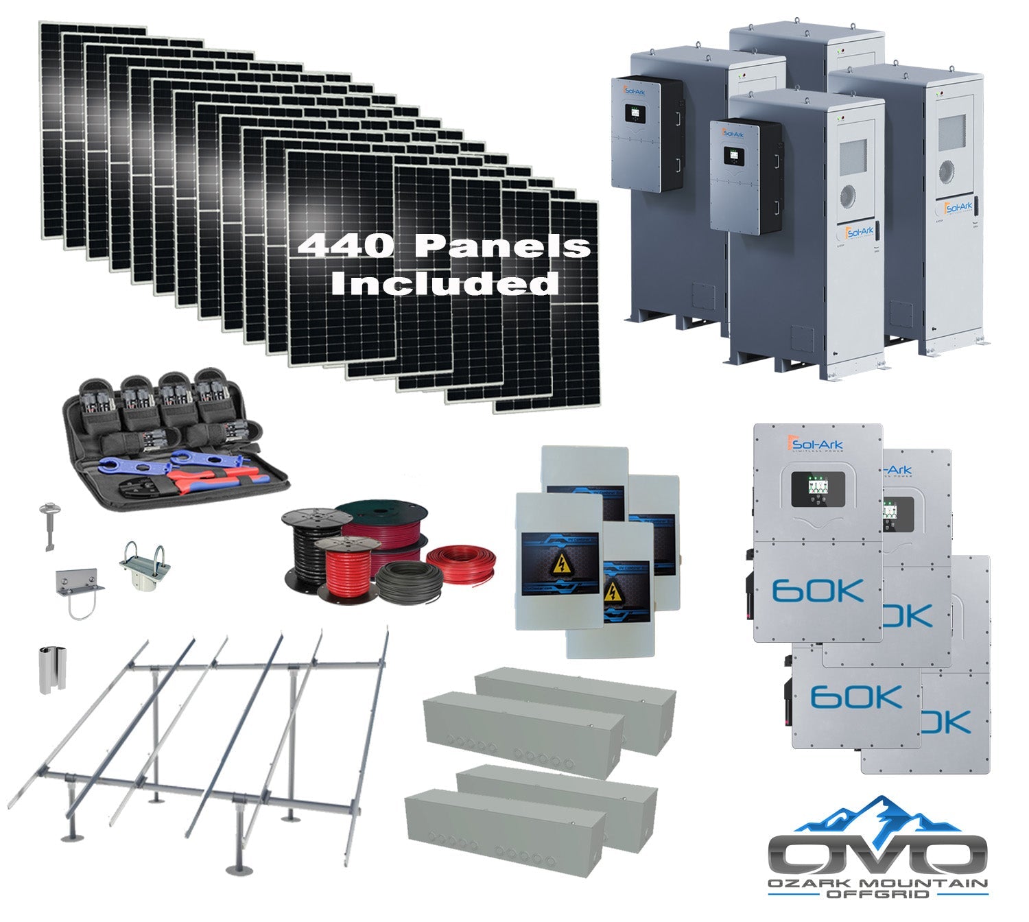 Commercial 240KW Solar Array - 3 Phase 480V Solar Kit + 4x 60K 480V Sol-Ark Inverter + 4x 60KW Sol-Ark OUTDOOR Lithium Battery +242KW Solar with Ground Mount and Wiring