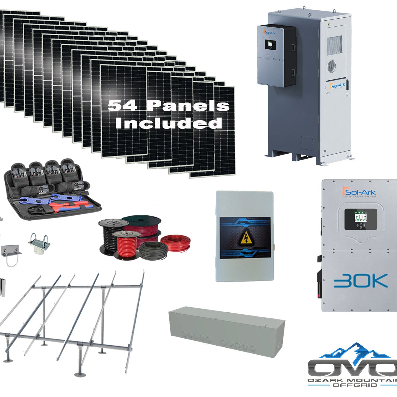 Commercial 30KW Solar Array - 3 Phase 208V Solar Kit + 30K 208V Sol-Ark Inverter + 60KW Sol-Ark OUTDOOR Lithium Battery +29.7KW Solar with Ground Mount and Wiring