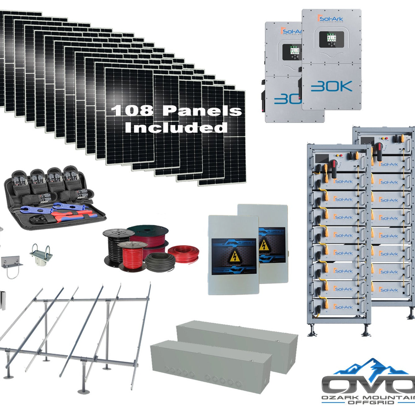 Commercial 60KW Solar Array - 3 Phase 208V Solar Kit + 2x 30K 208V Sol-Ark Inverter + 2x 40KW Sol-Ark INDOOR Lithium Battery +59.4KW Solar with Ground Mount and Wiring