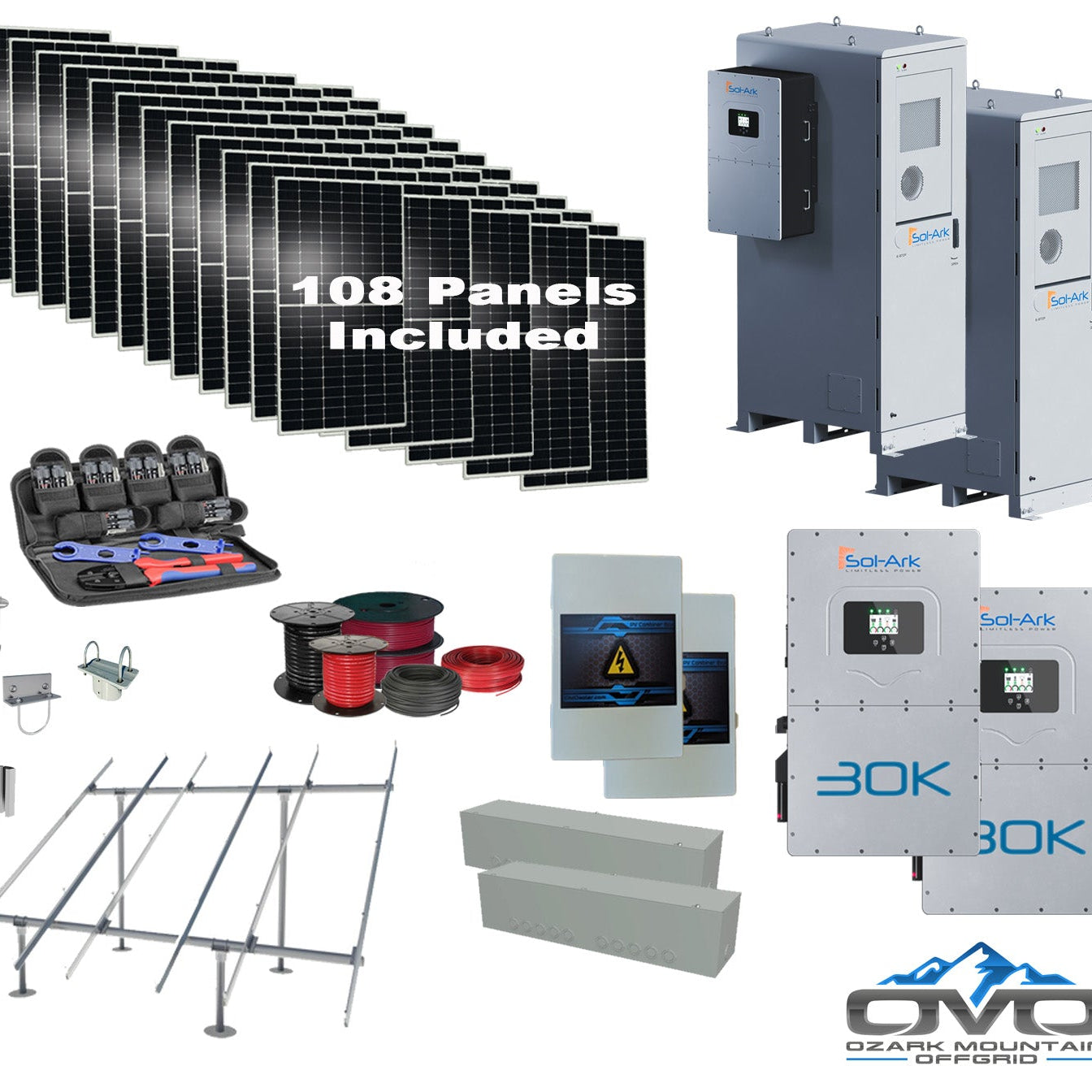 Commercial 60KW Solar Array - 3 Phase 208V Solar Kit + 2x 30K 208V Sol-Ark Inverter + 2x 60KW Sol-Ark OUTDOOR Lithium Battery +59.4KW Solar with Ground Mount and Wiring