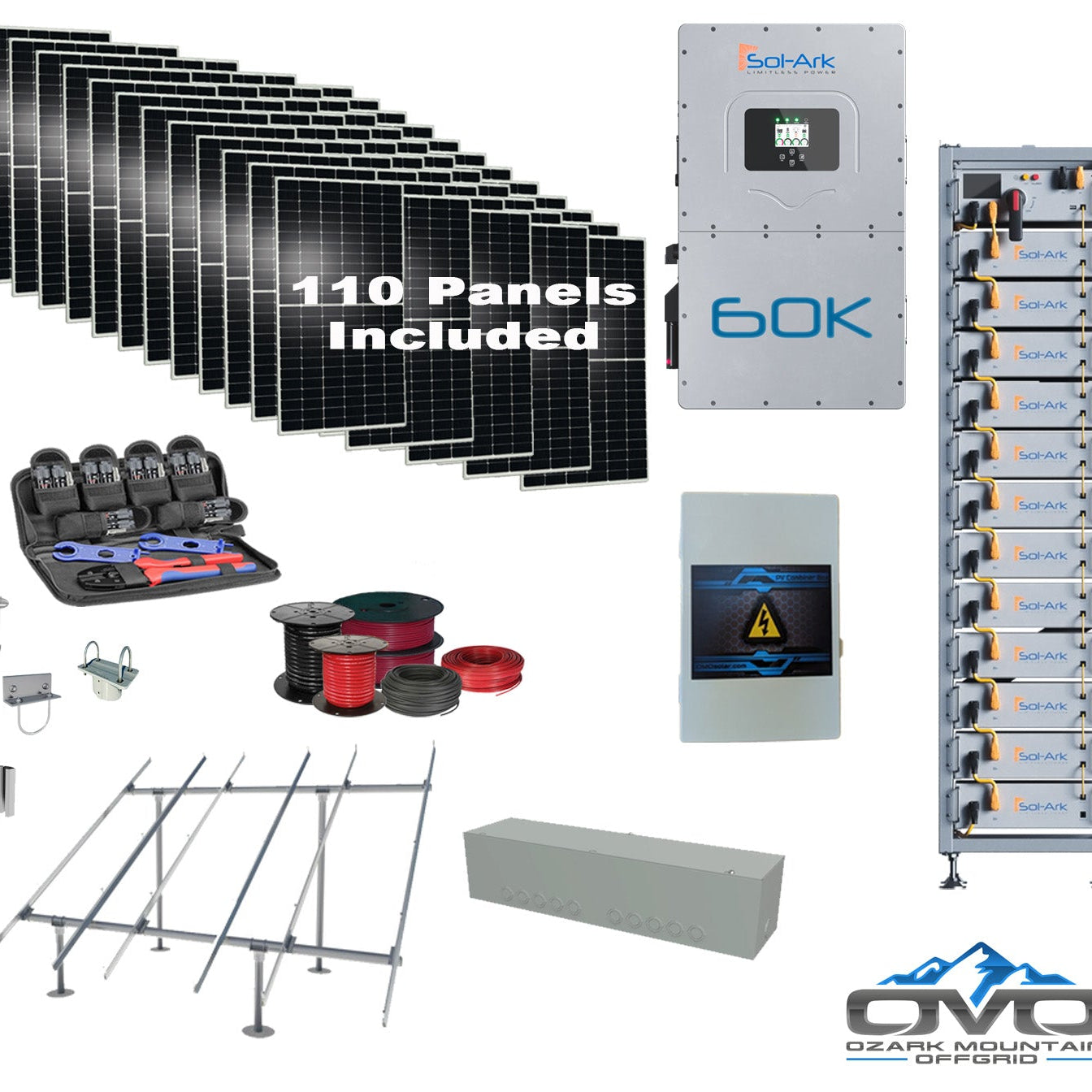 Commercial 60KW Solar Array - 3 Phase 480V Solar Kit + 60K 480V Sol-Ark Inverter + 60KW Sol-Ark INDOOR Lithium Battery +60.5KW Solar with Ground Mount and Wiring