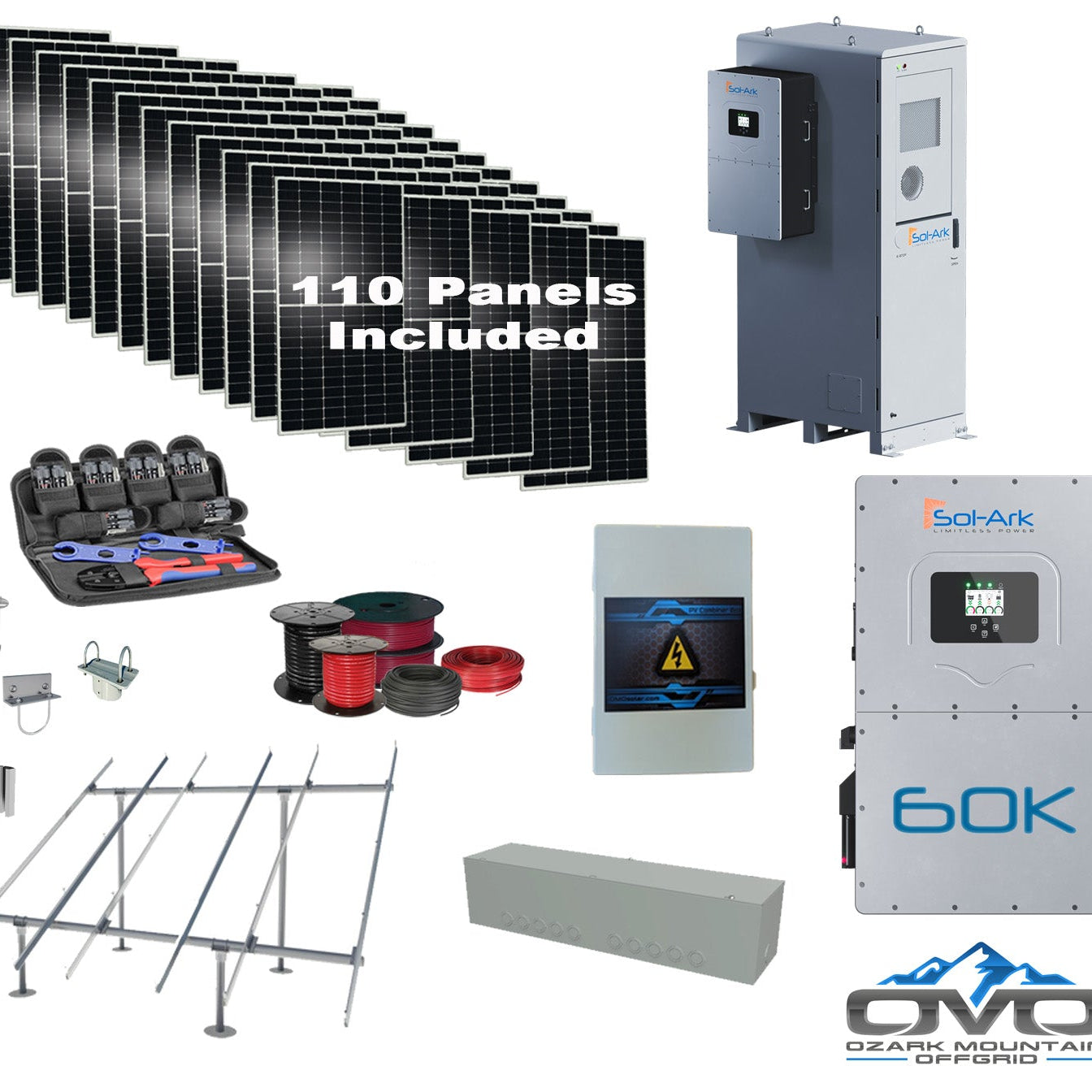 Commercial 60KW Solar Array - 3 Phase 480V Solar Kit + 60K 480V Sol-Ark Inverter + 60KW Sol-Ark OUTDOOR Lithium Battery +60.5KW Solar with Ground Mount and Wiring