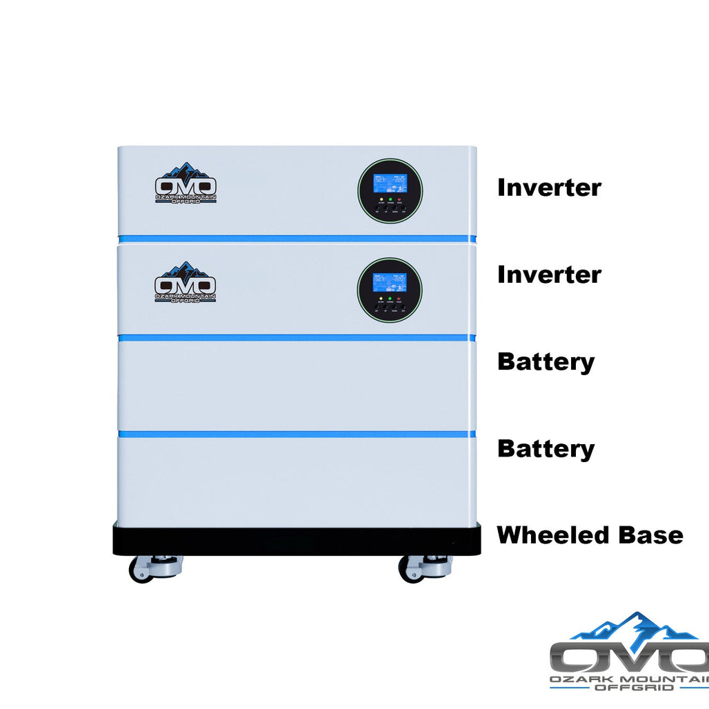 8KW OMO All-In-One Customizable Stacking Inverter/Battery System 120/240 11000W Total Inverter Output + 10.24K Lithium Battery + 8.8KW Solar Roof Mount