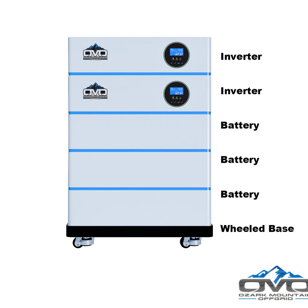 4.4KW OMO All-In-One Customizable Stacking Inverter/Battery System 120/240 11000W Total Inverter Output + 15.36K Lithium Battery + 4.4KW Solar Roof Mount