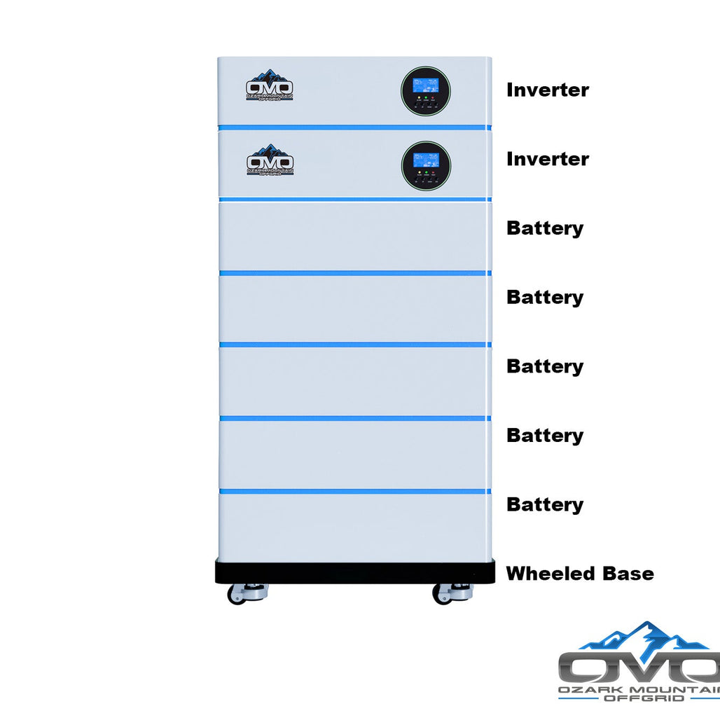 4.4KW OMO All-In-One Customizable Stacking Inverter/Battery System 120/240 11000W Total Inverter Output + 25.6K Lithium Battery + 4.4KW Solar Roof Mount