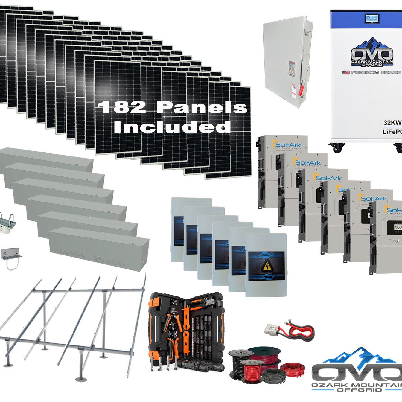 100KW Complete Offgrid Solar Kit + 6x 15K Sol-Ark Inverter + 32kWh OMO 48V Freedom Series Lithium Battery +100.2KW Solar with Ground Mount and Wiring