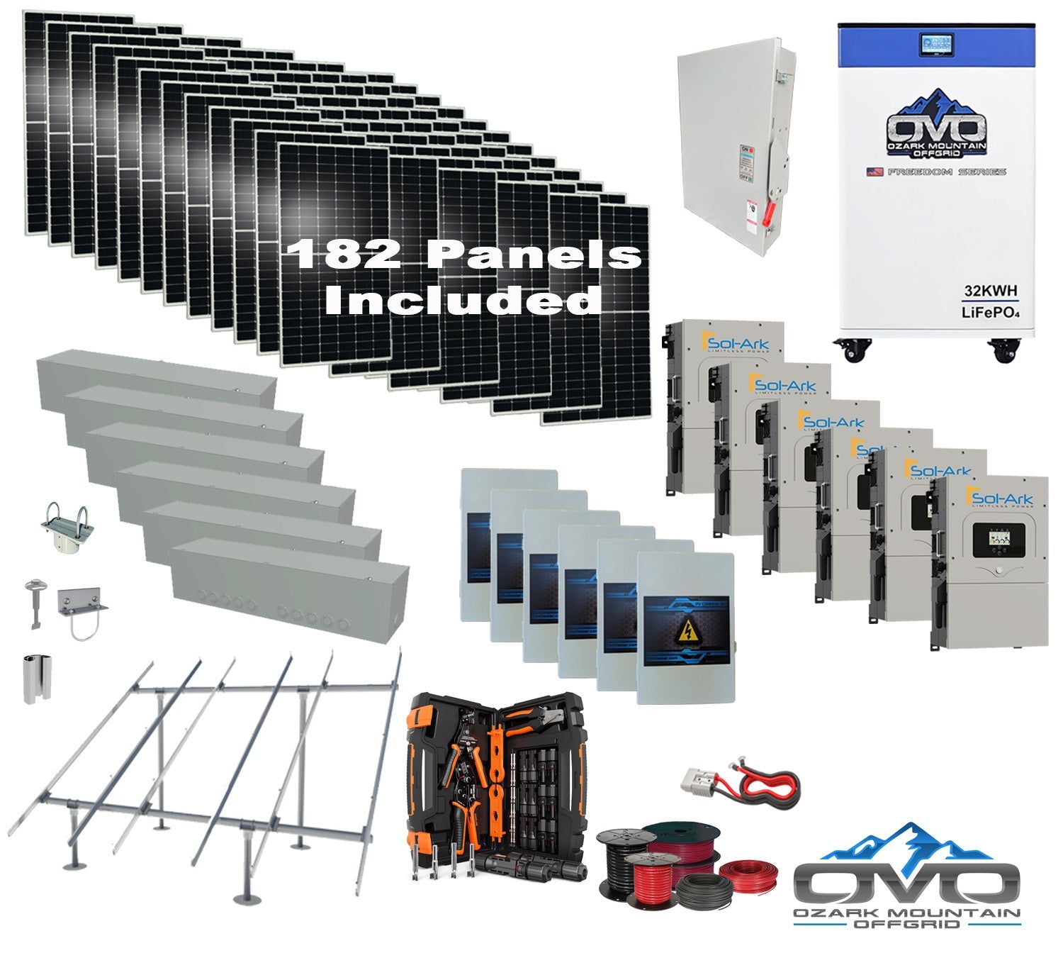 100KW Complete Offgrid Solar Kit + 6x 15K Sol-Ark Inverter + 32kWh OMO 48V Freedom Series Lithium Battery +100.2KW Solar with Ground Mount and Wiring