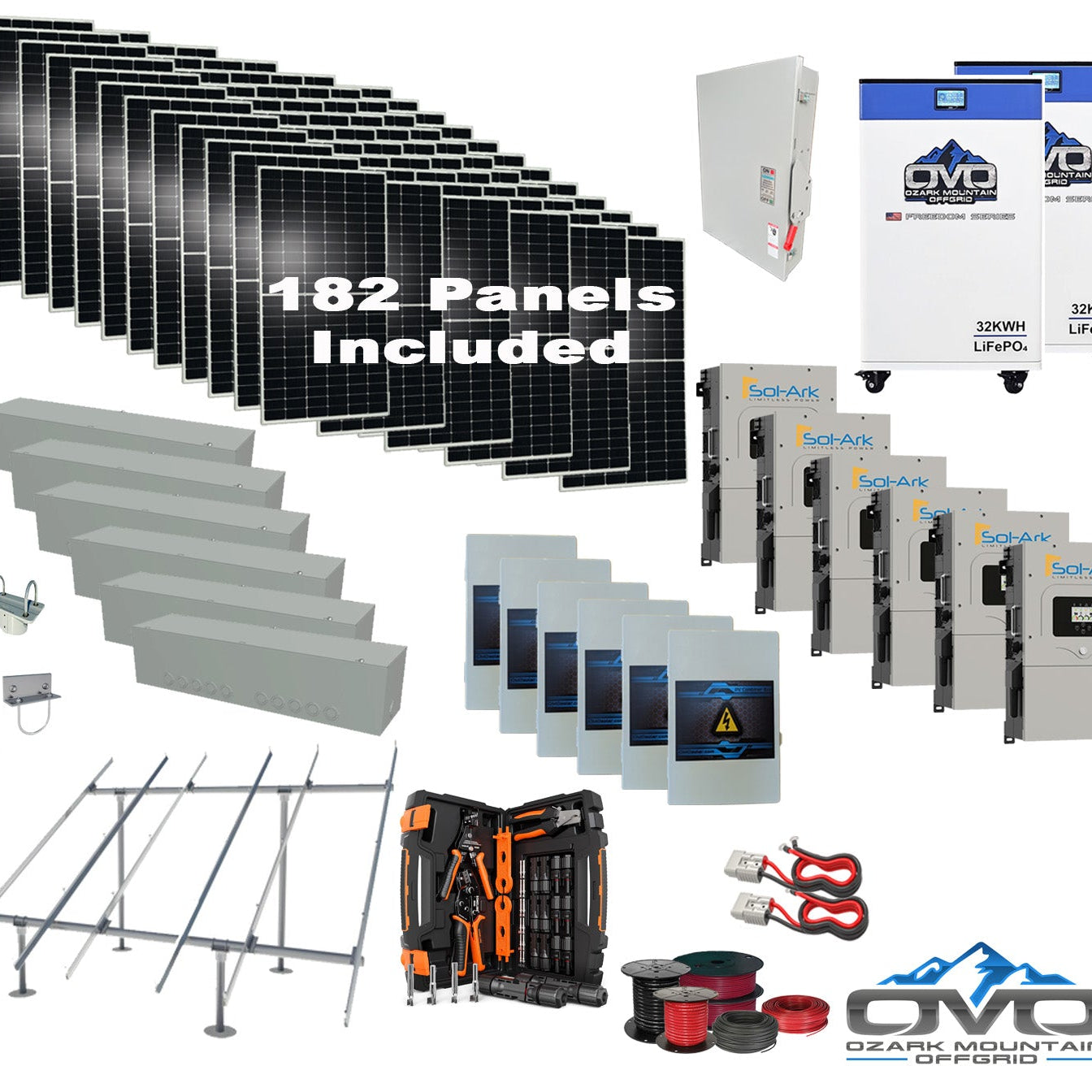 100KW Complete Offgrid Solar Kit + 6x 15K Sol-Ark Inverter + 2x 32kWh OMO 48V Freedom Series Lithium Battery +100.2KW Solar with Ground Mount and Wiring