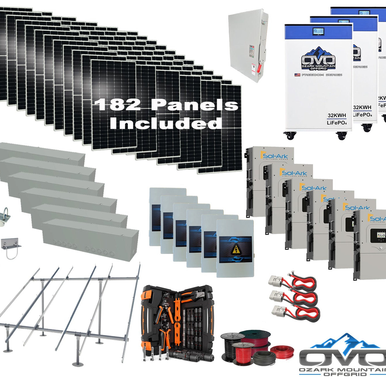 100KW Complete Offgrid Solar Kit + 6x 15K Sol-Ark Inverter + 3x 32kWh OMO 48V Freedom Series Lithium Battery +100.2KW Solar with Ground Mount and Wiring